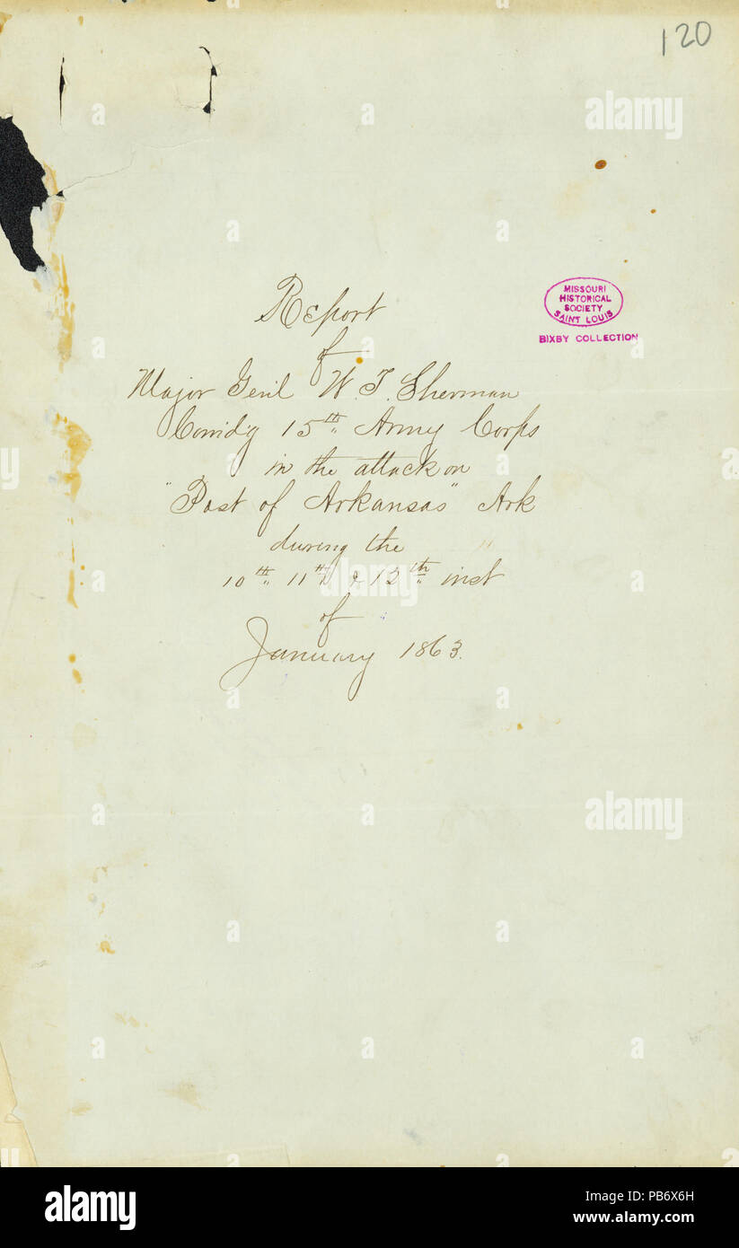904 Lettera da W. T. Sherman, sede centrale, xv Esercito, Post di Arkansas, A. Schwartz, Vice aiutante generale di Maggiore Generale John A. McClernand, 13 Gennaio 1863 Foto Stock