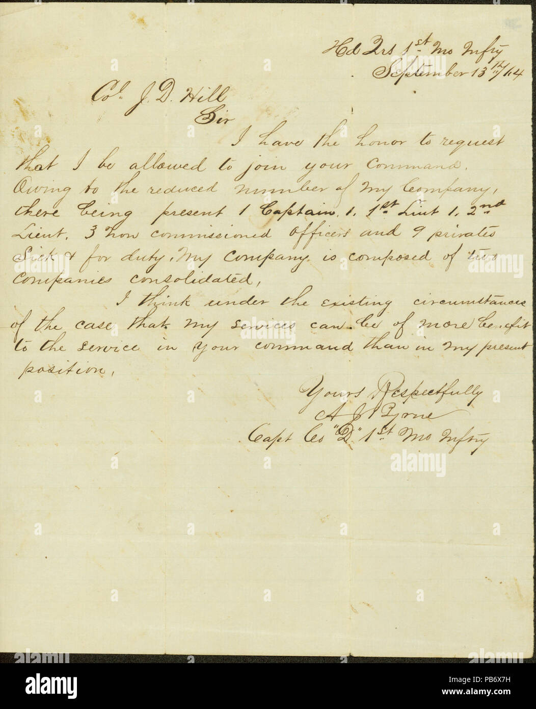 905 lettera firmata A.J. Byrne, Sede 1° Missouri Fanteria (Confederate), al colonnello J.D. Hill, 13 Settembre 1864 Foto Stock
