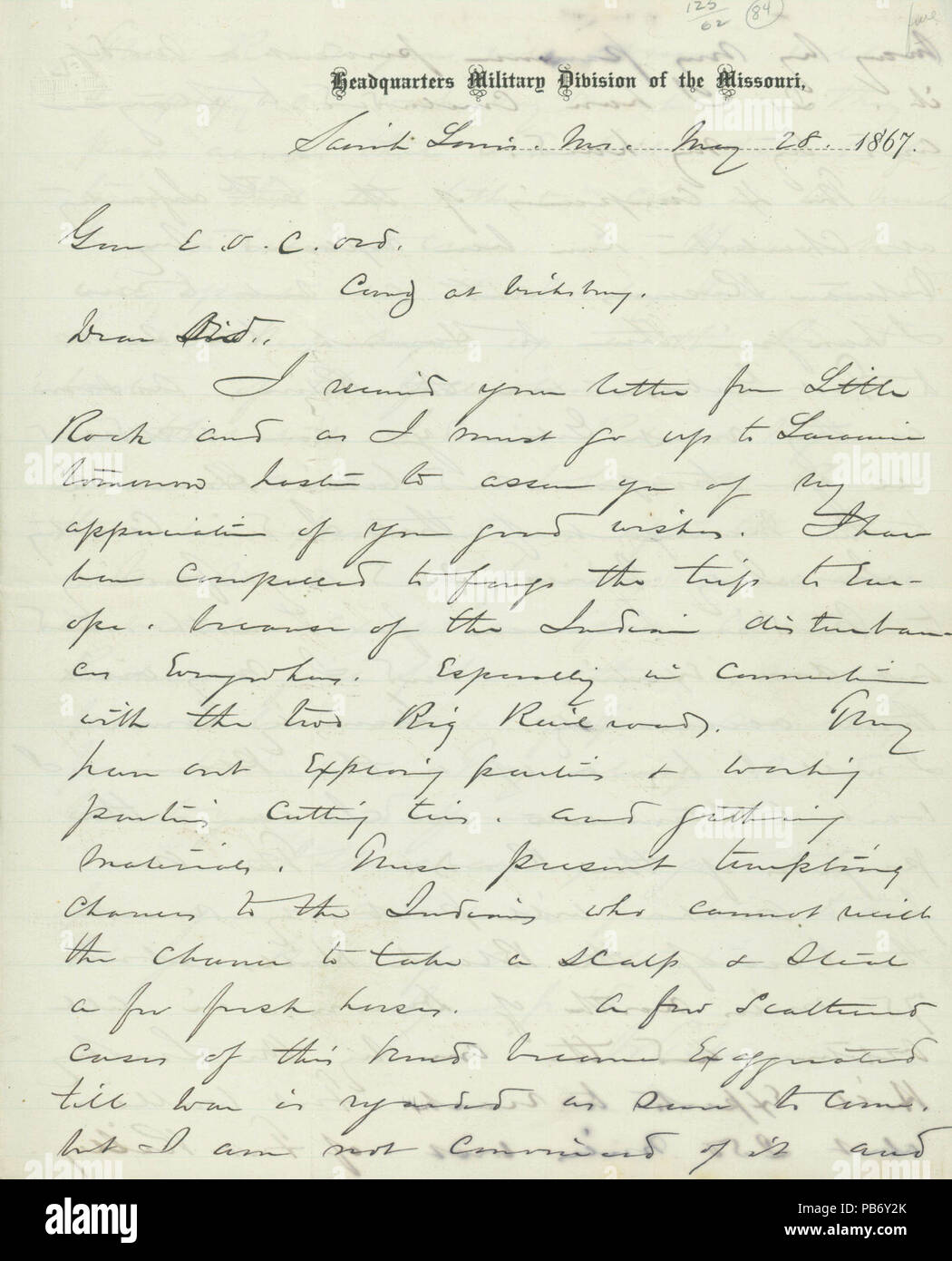 914 lettera firmata W.T. Sherman, St. Louis, a (E.O.C.) Ord, 28 maggio 1867 Foto Stock