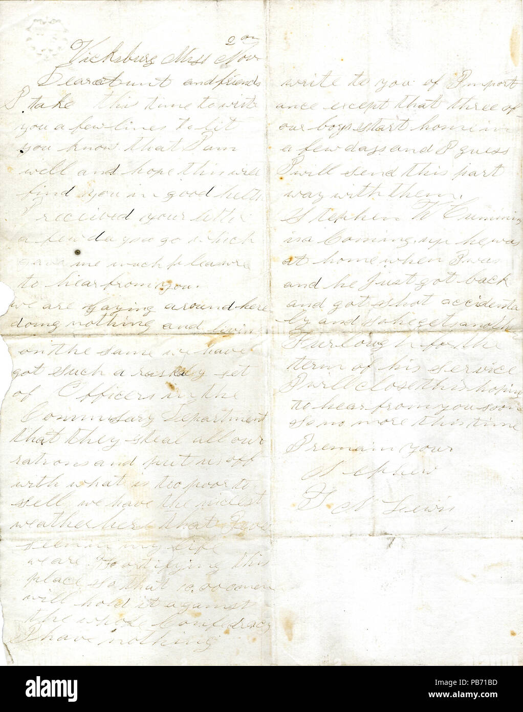 913 lettera firmata Thomas Lewis, Vicksburg, Miss., alla sua zia (Elizabeth Martin) e amici, 2 novembre (1863) Foto Stock