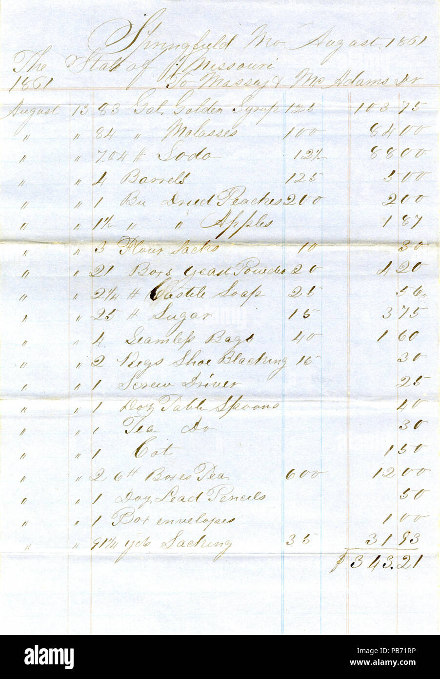 1051 Missouri Stato account di protezione di Massey e McAdams, 13 agosto 1861 Foto Stock