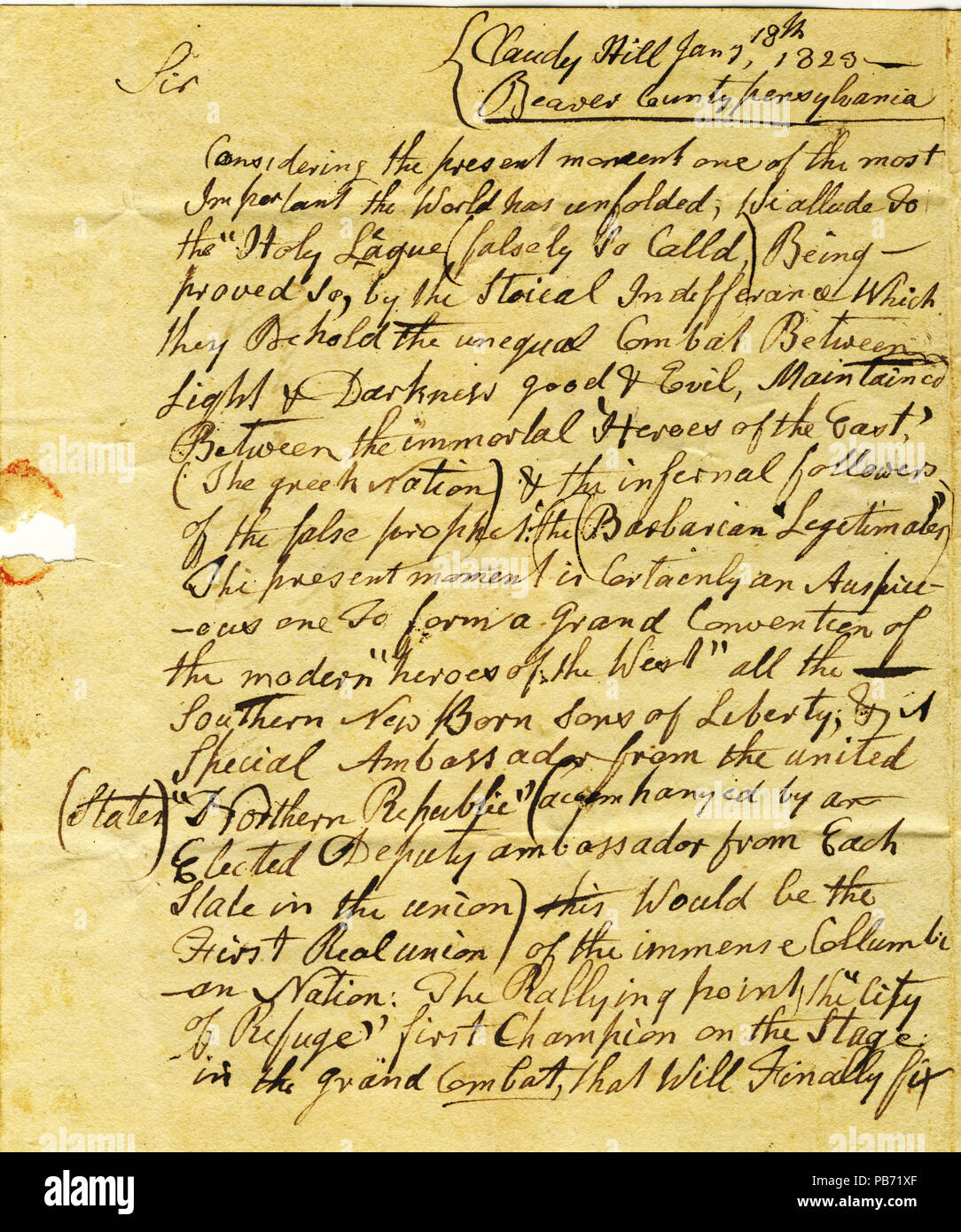 908 lettera firmata Hugh Bianco, presidente della Columbian Union Society, Claudy Hill, Beaver County, Pennsylvania, di Thomas Jefferson, Monticello, Virginia, 18 Gennaio 1823 Foto Stock