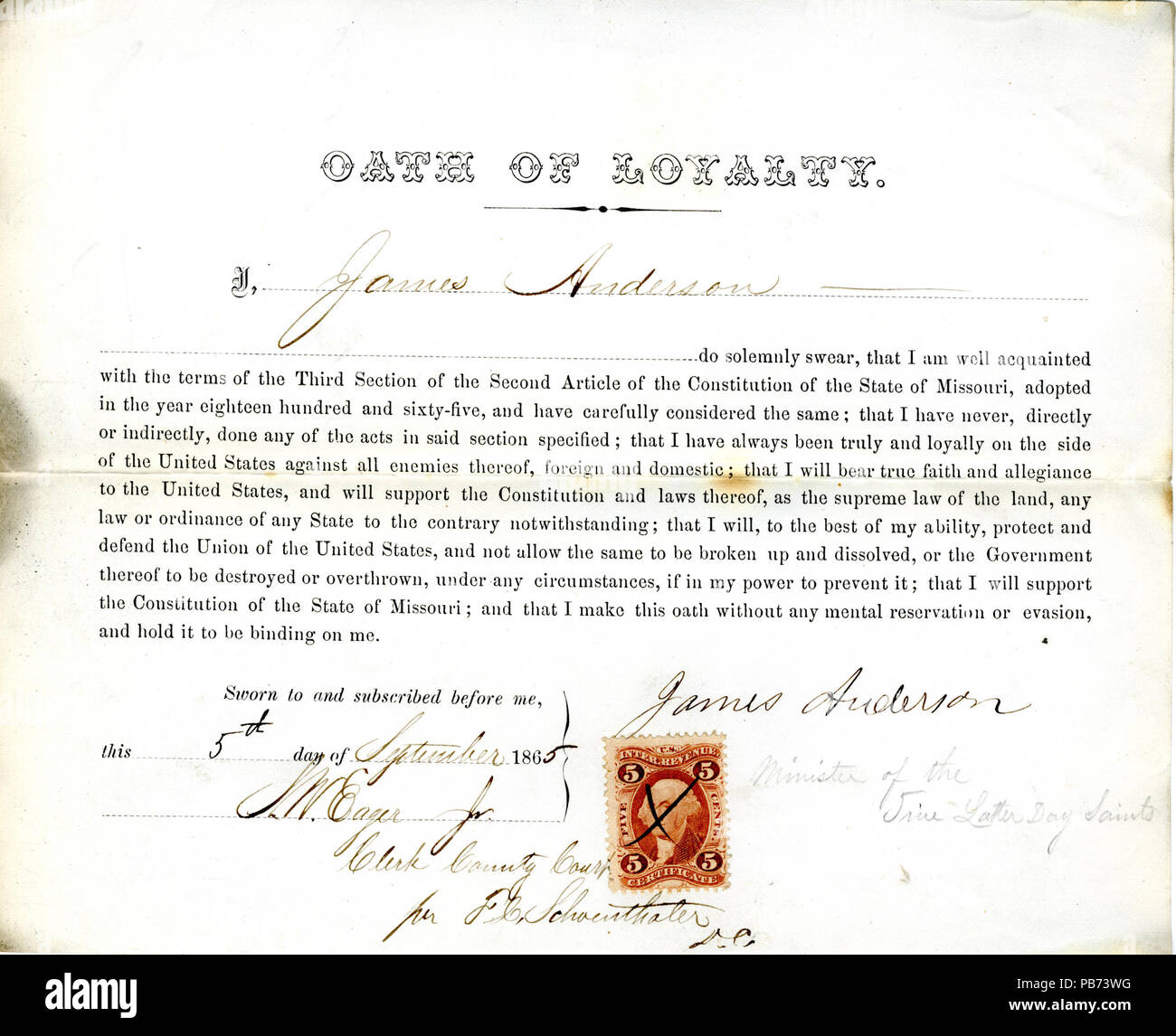 949 Il giuramento di fedeltà di James Anderson del Missouri, nella contea di San Luigi Foto Stock