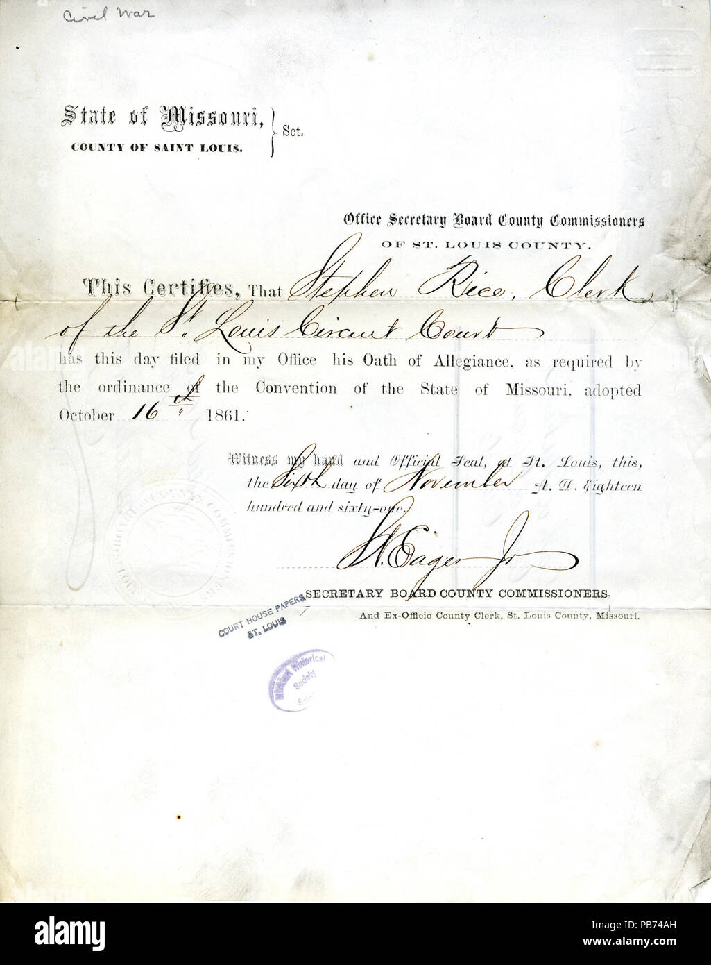 1124 giuramento di fedeltà di Stephen riso, 6 novembre 1861 Foto Stock