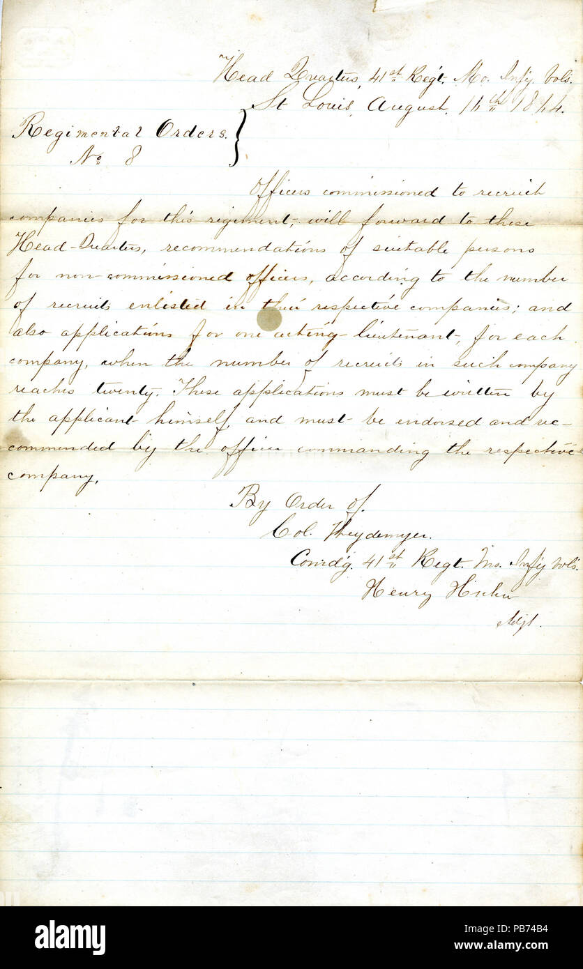 1250 Ordini del reggimento, n. 8 Per ordine del Col. Weydemeyer (Joseph Weydemeyer), capo quarti, la quarantunesima edizione del Reggimento di Fanteria Mo. volontari, St. Louis, 16 agosto 1864 Foto Stock