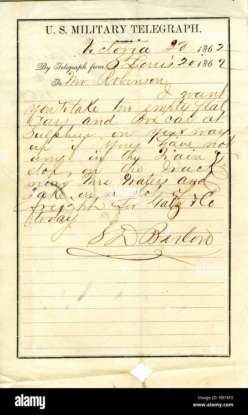 1786 U.S. Telegrafo militare di D.S. Barlan, St. Louis, il sig. Robinson, 20 Gennaio 1862 Foto Stock