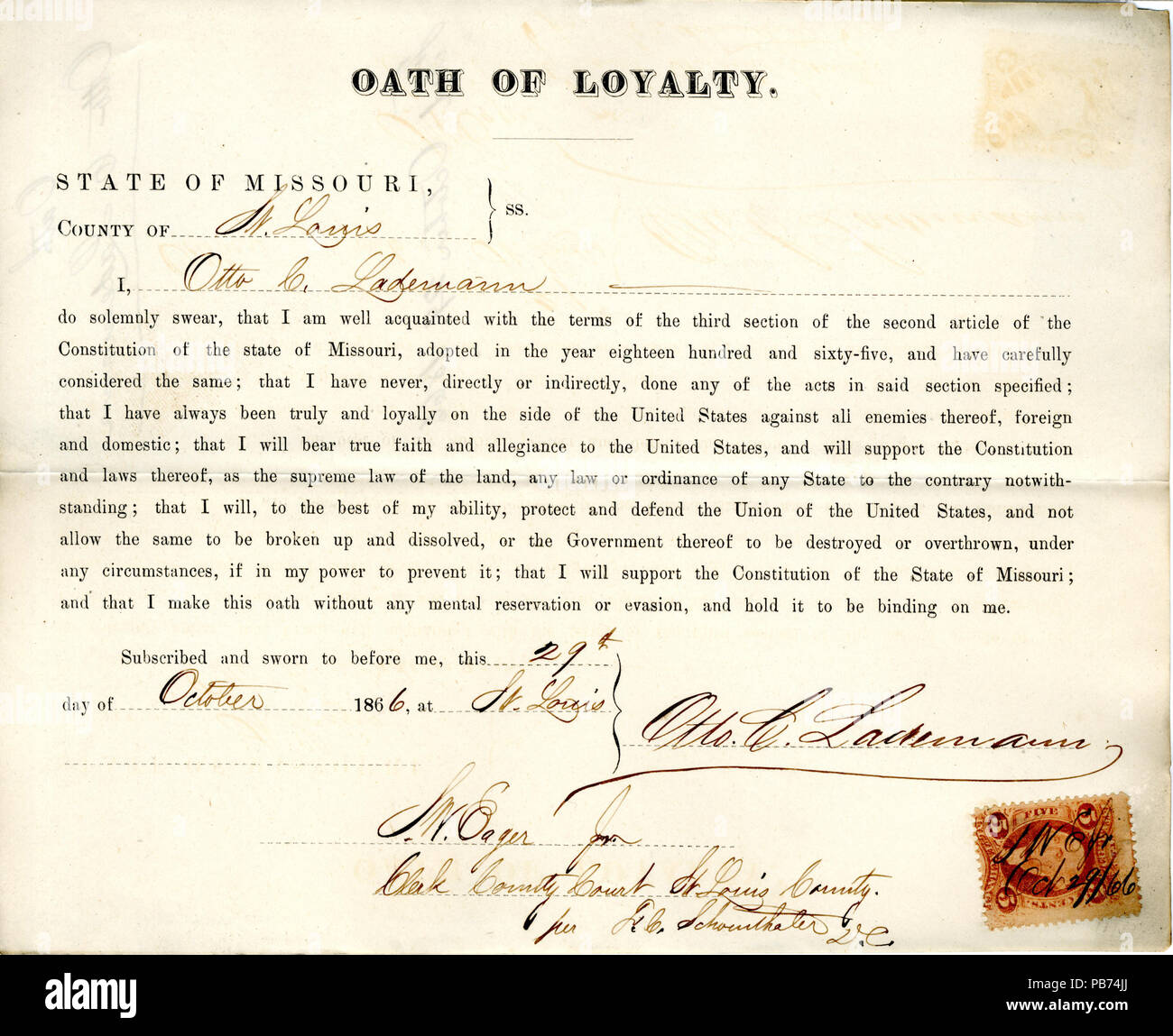 953 Il giuramento di fedeltà di Otto C. Lademann del Missouri, nella contea di San Luigi Foto Stock