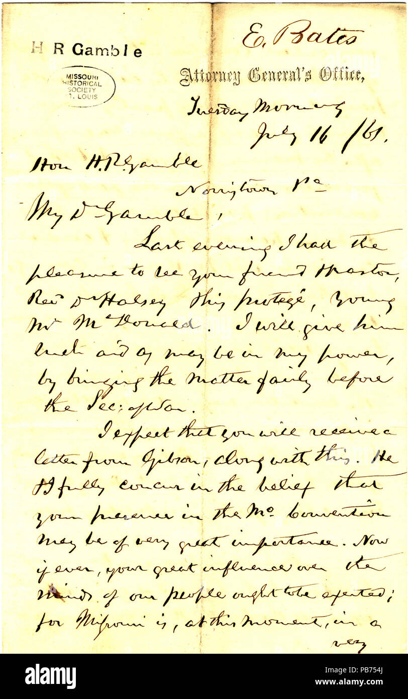 907 lettera firmata EDW. Bates (Edward Bates), la Procura Generale, H.R. Il gioco d'azzardo, luglio 16, 1861 Foto Stock