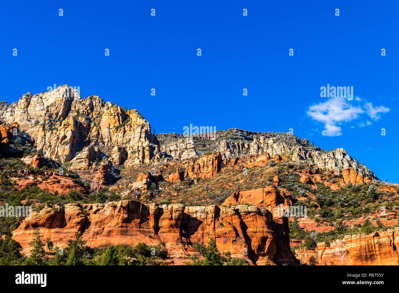Roccioso, con colori vividi hill a Sedona, in Arizona. Luminose di arenaria rossa si distingue chiaramente contro il deserto locale foresta. Profondo cielo blu in background.. Foto Stock