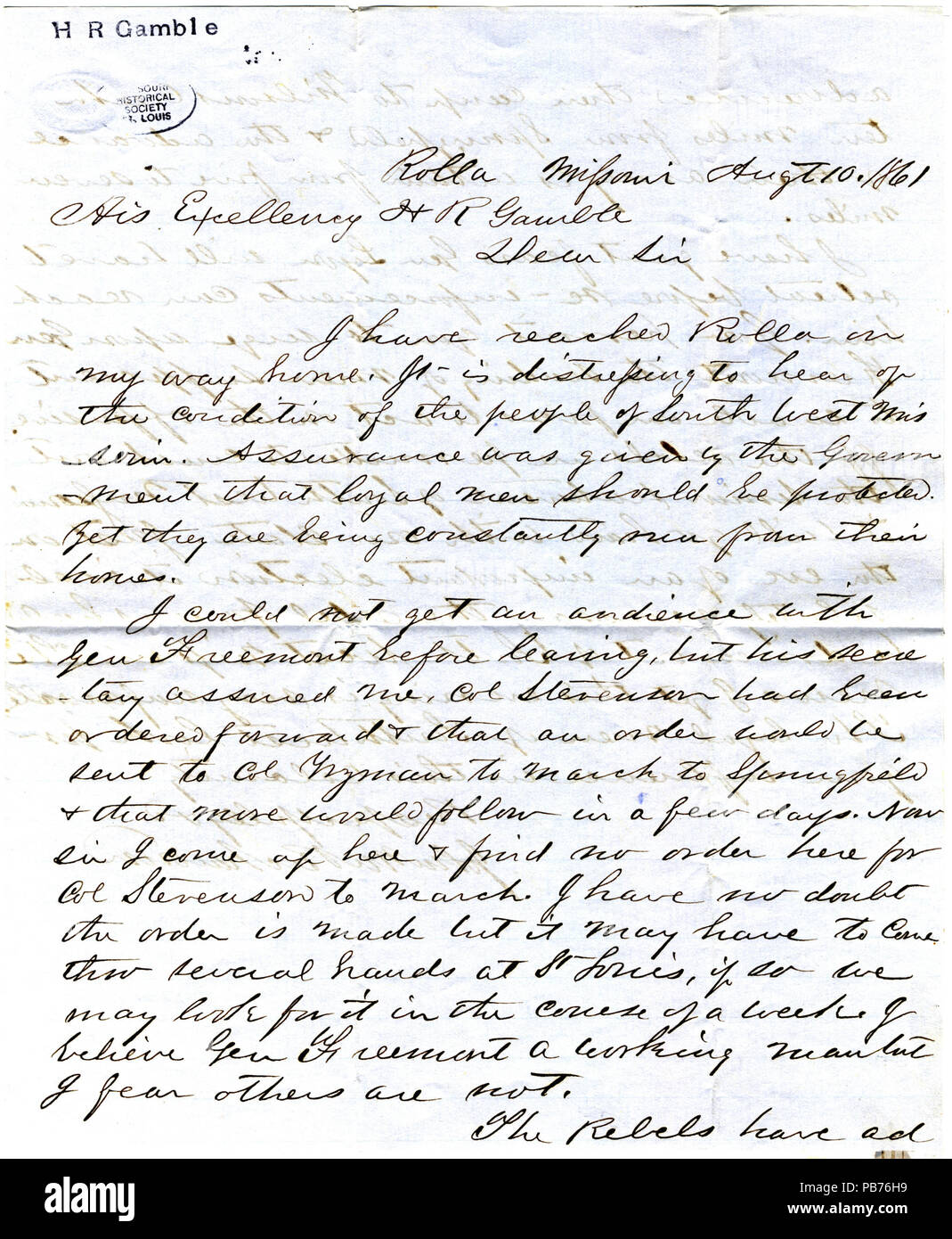 909 lettera firmata Giovanni M. Richardson, Rolla, Missouri, H.R. Il gioco d'azzardo, 10 agosto 1861 Foto Stock