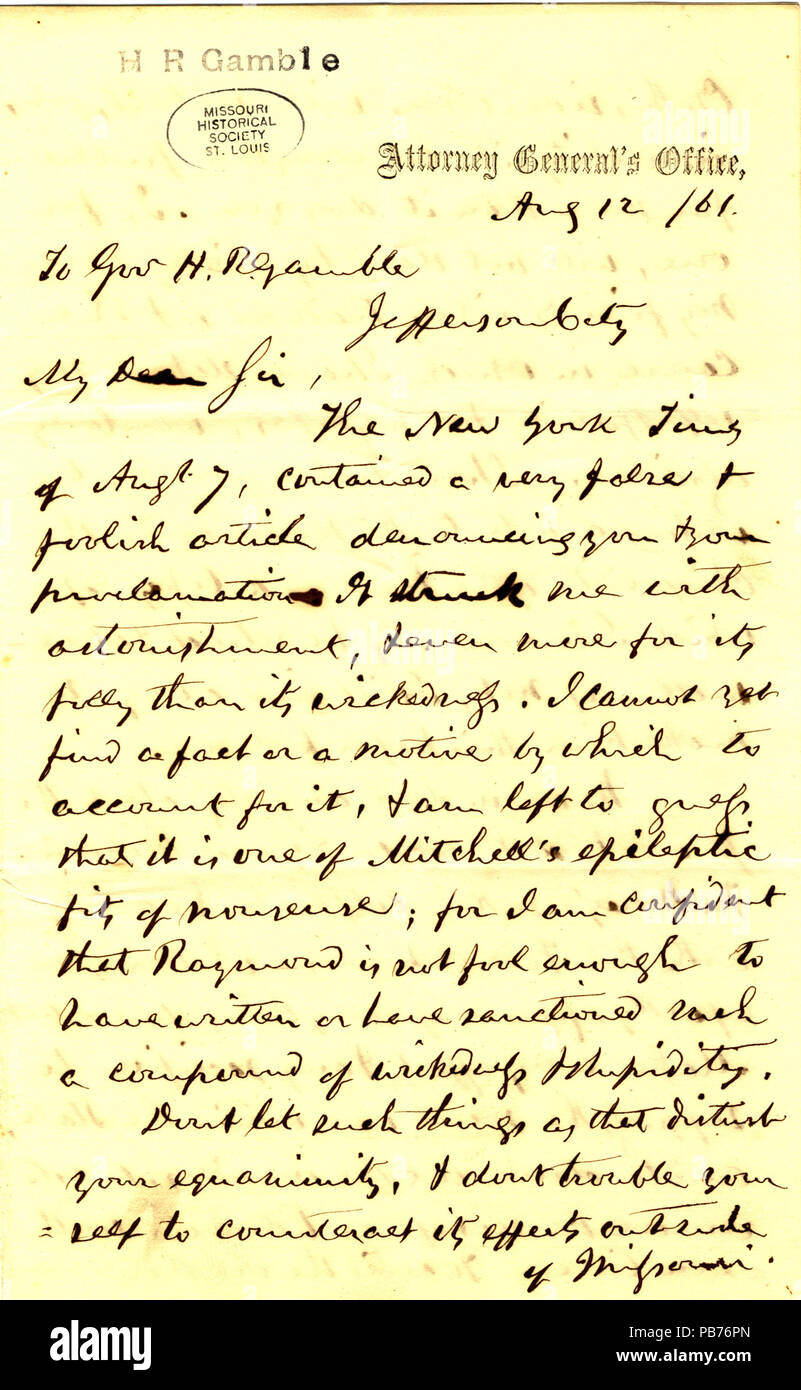 907 lettera firmata EDW. Bates (Edward Bates), la Procura Generale, Gov. L'H.R. Il gioco d'azzardo, Jefferson City, 12 agosto 1861 Foto Stock