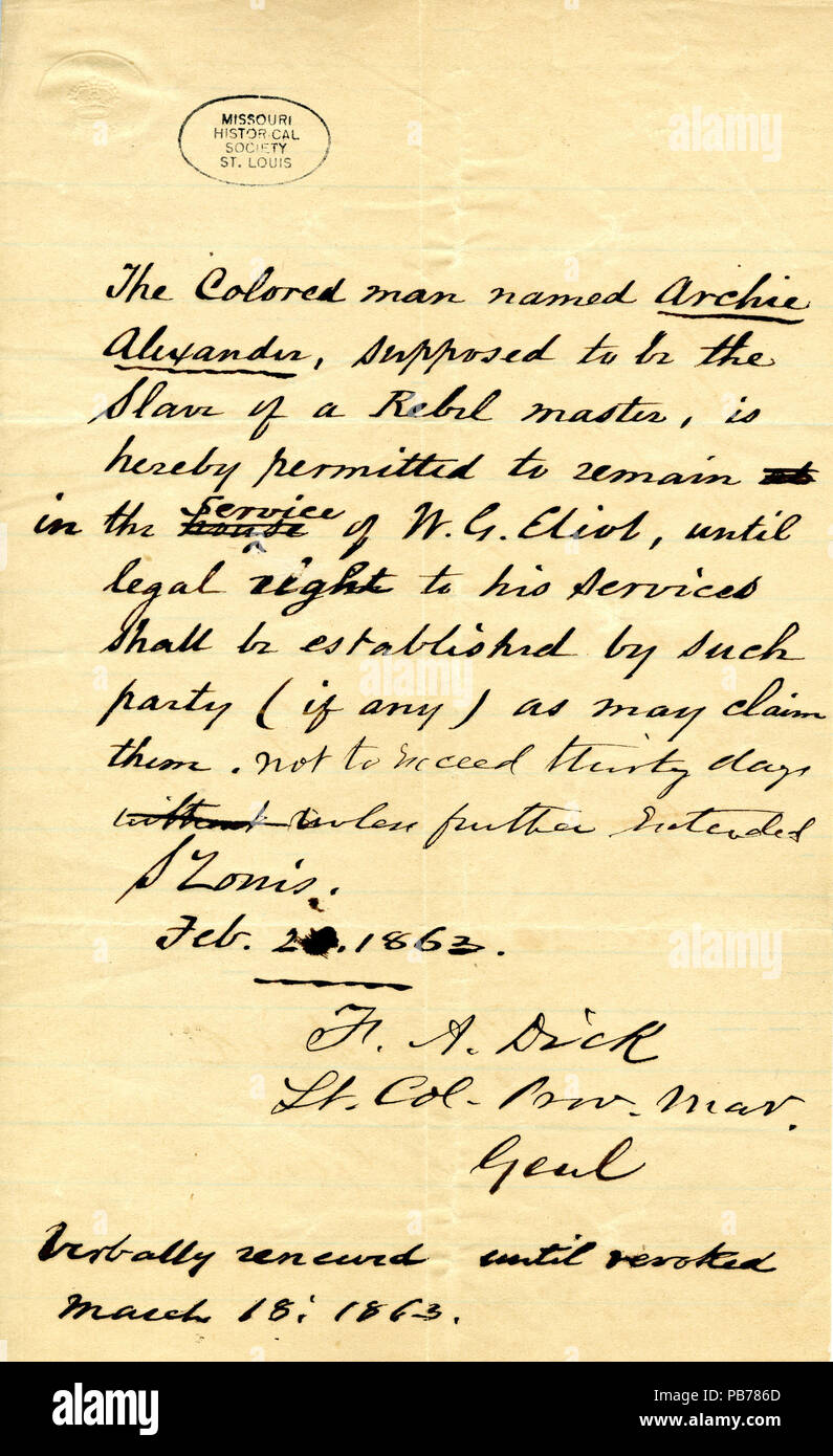 1182 permettono di Archie Alexander a rimanere in servizio di W.G. Eliot "fino al diritto legale per i suoi servizi deve essere stabilita da tale parte (eventuale) come possono rivendicare la loro", Marzo 18, 1863 Foto Stock