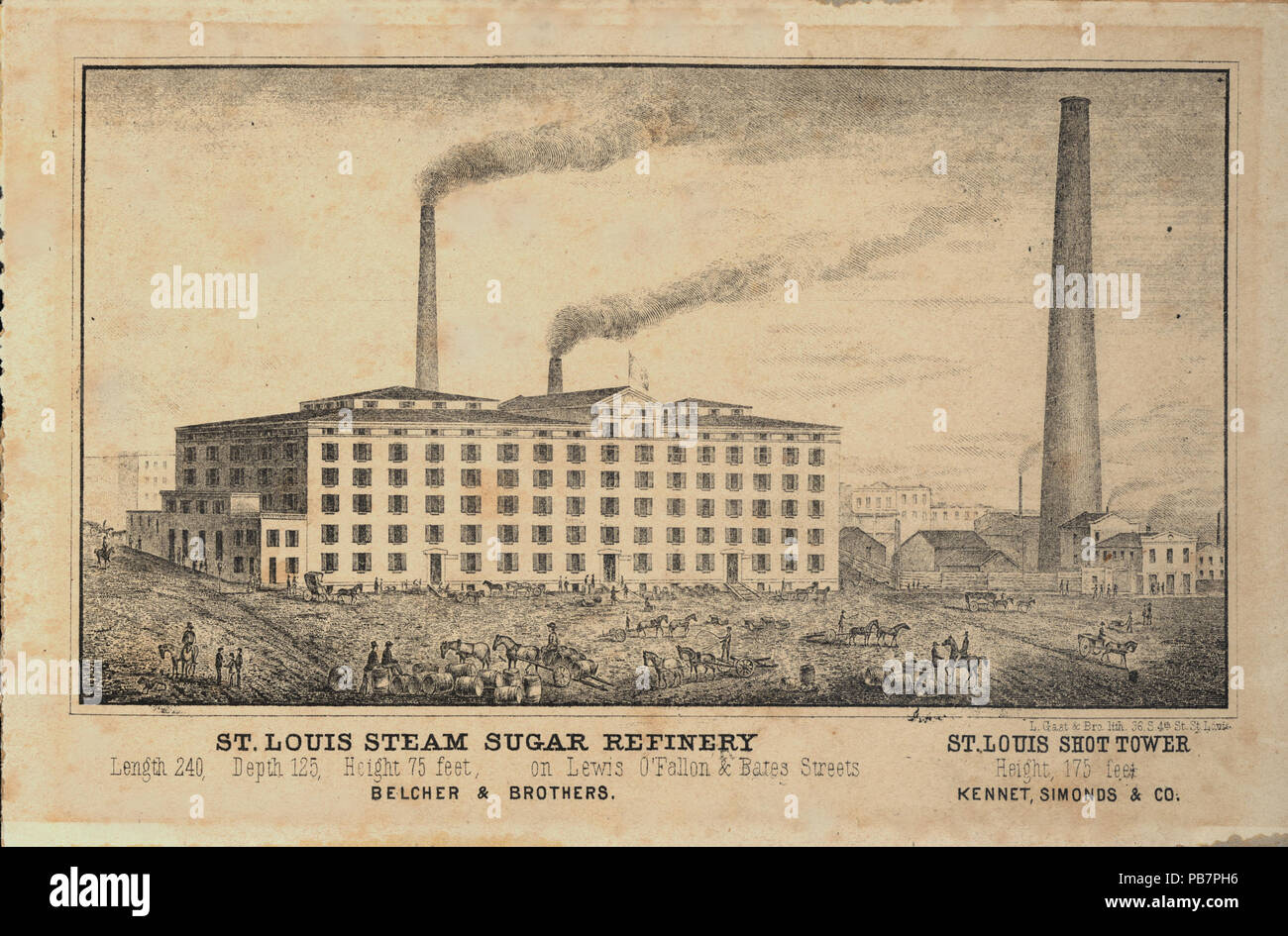 1565 St. Louis vapore raffineria di zucchero. Belcher e fratelli. Lewis, O'Fallon e strade Bates Foto Stock