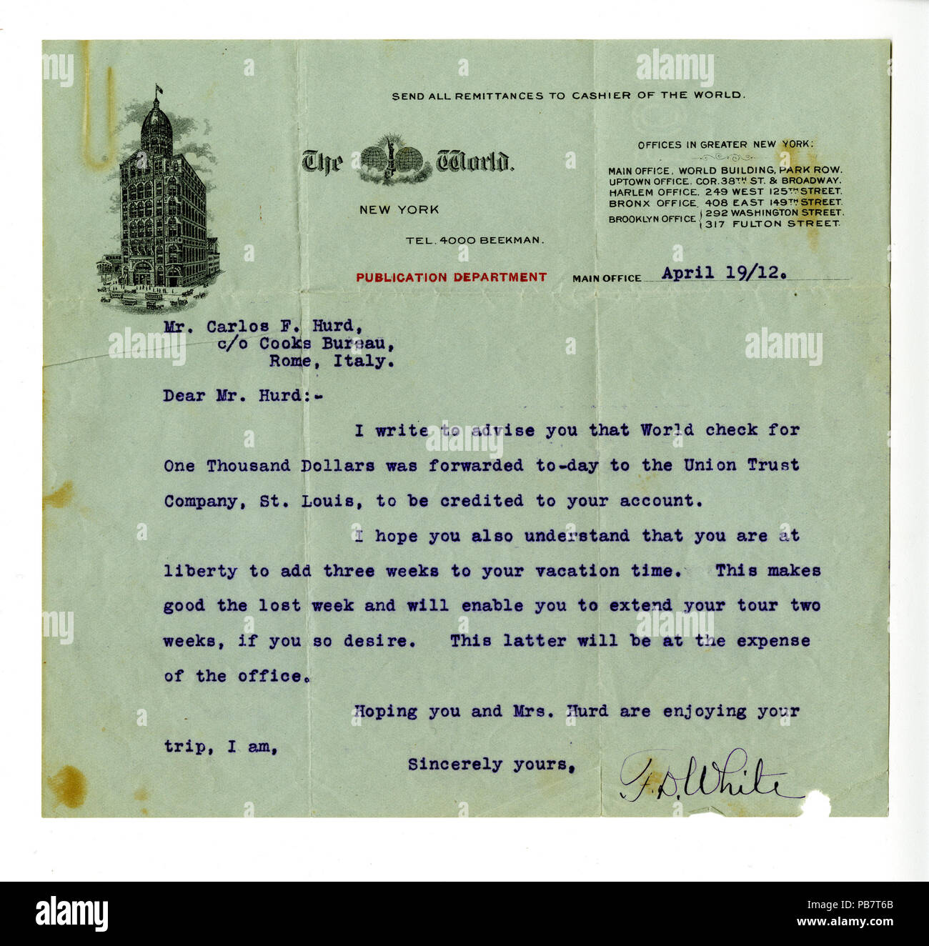 901 Lettera da F. D. Bianco a Carlos Hurd, Roma, Italia, inclusi quelli per buste, 19 aprile 1912 Foto Stock