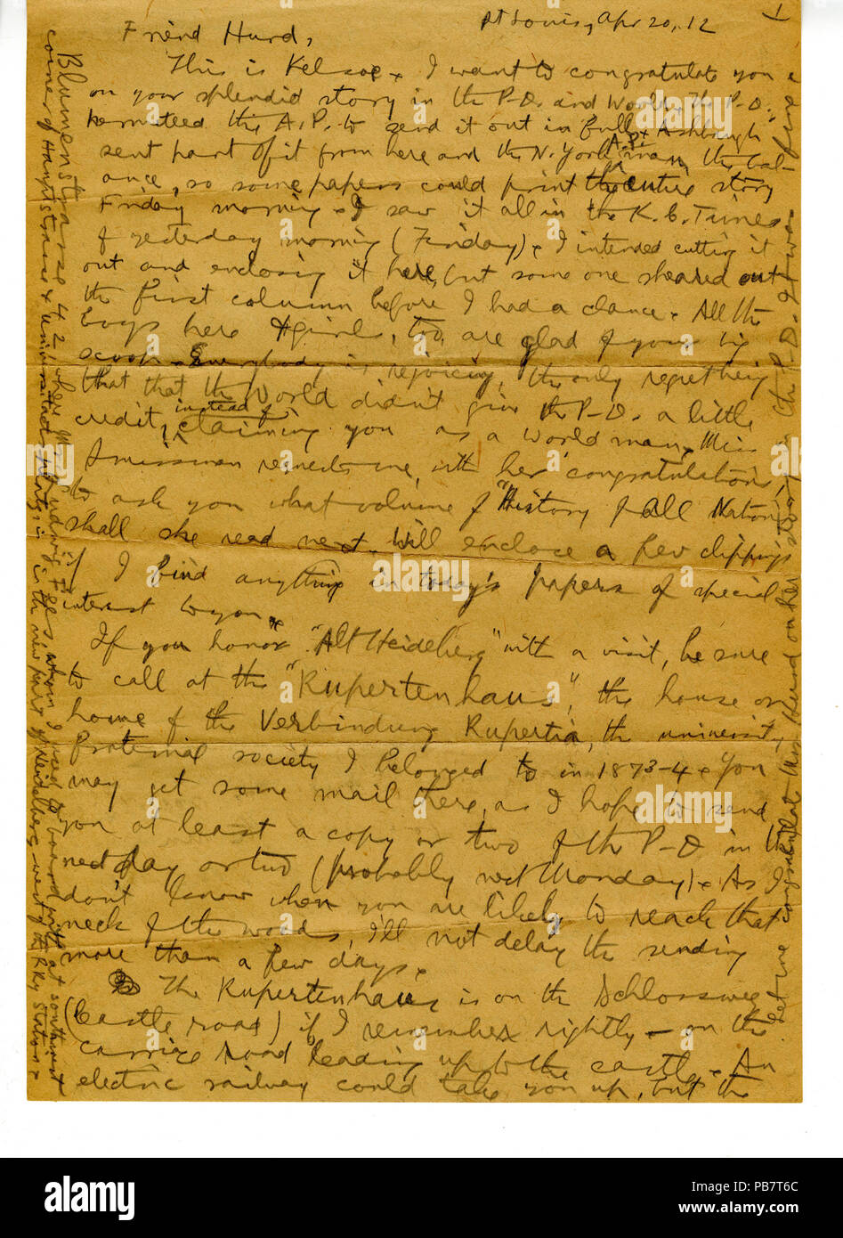 904 Lettera da W. A. Kelsoe a "Amico Hurd", inclusi quelli per buste, 20 aprile 1912 Foto Stock