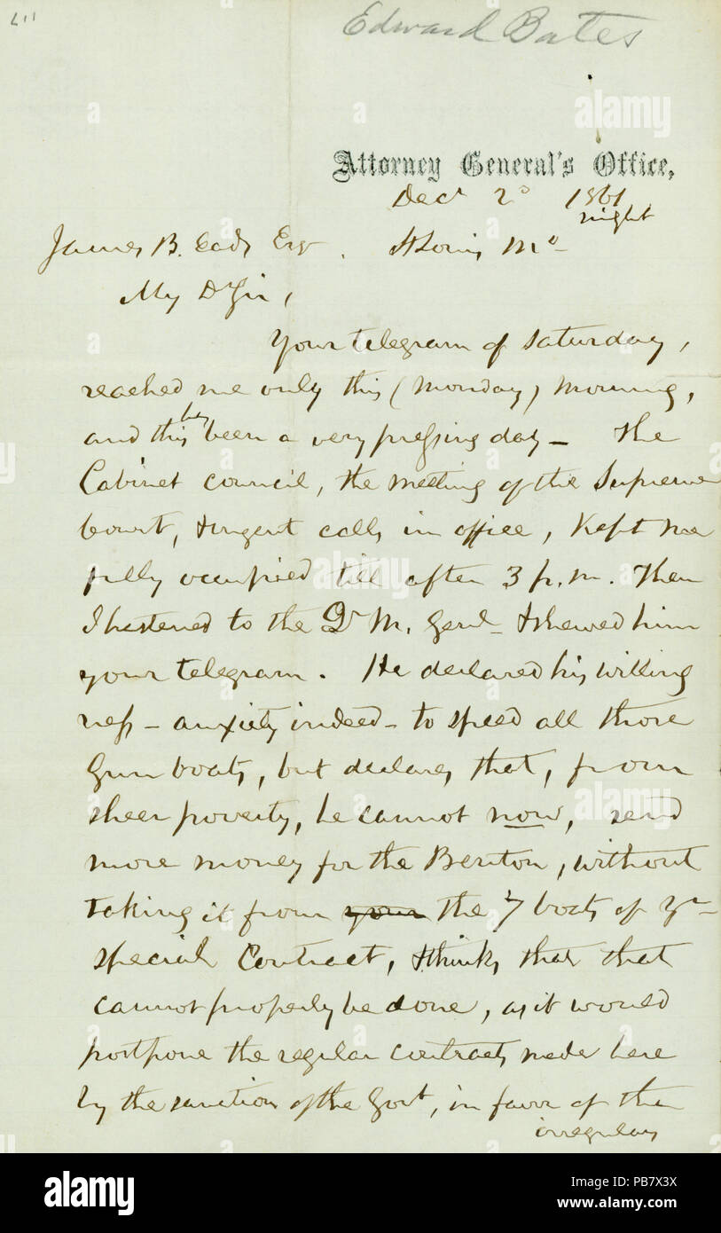 907 lettera firmata Edward Bates, la Procura Generale, Jas. B. EADS (James B. EADS), 2 Dicembre 1861 Foto Stock