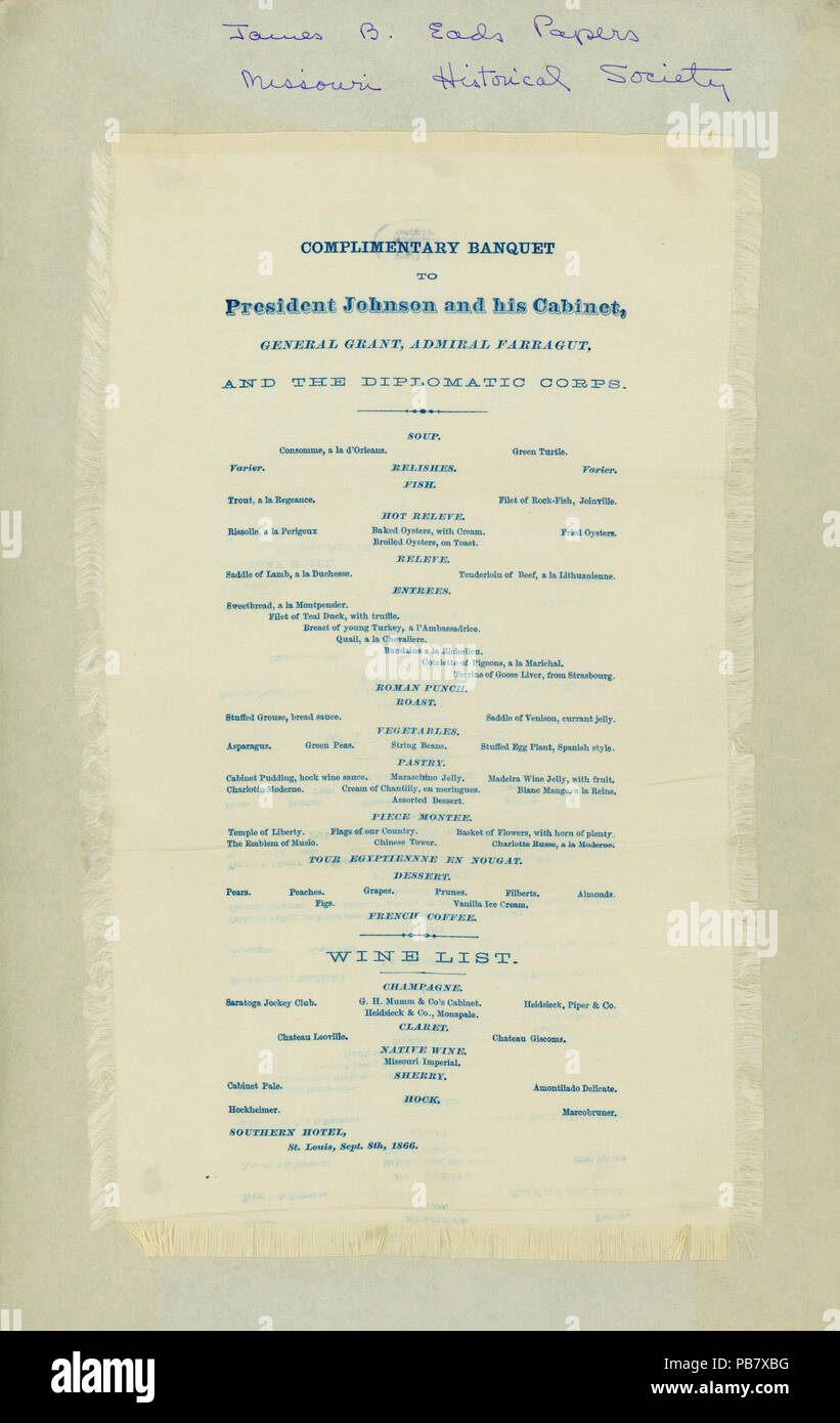 817 voci relative a un banchetto gratuito per il presidente Johnson e il suo gabinetto, 8 settembre 1866 Foto Stock