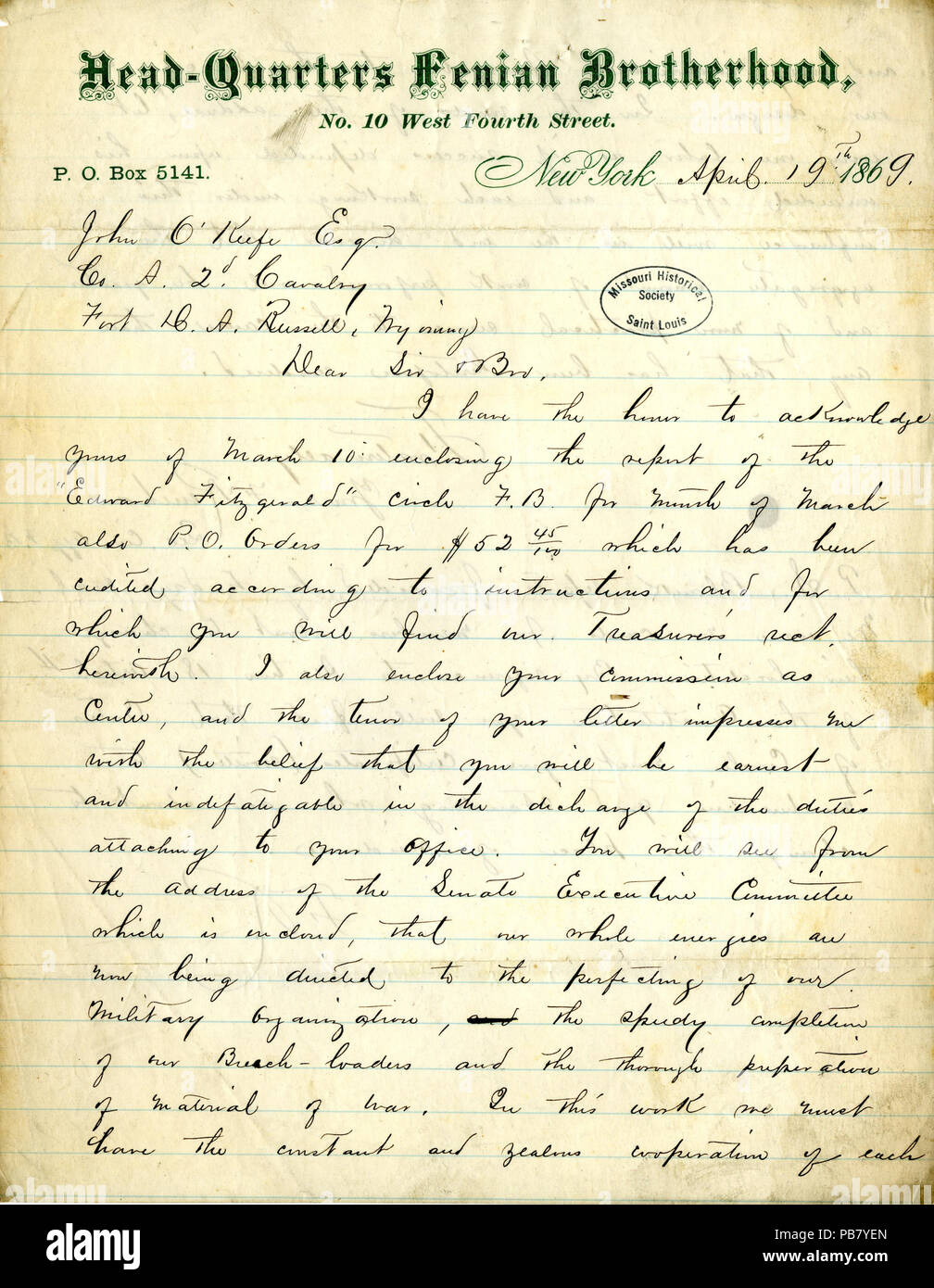 907 lettera firmata F. Renehan, sede centrale, Fenian fraternità, di New York, a John O'Keefe, Fort D.A. Russell, Wyoming, 19 aprile 1869 Foto Stock