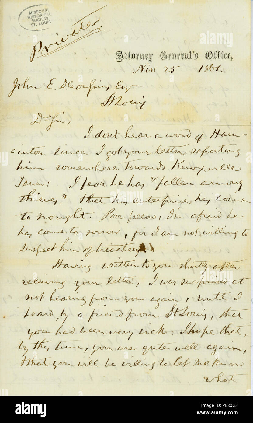 907 lettera firmata Edward Bates, la Procura generale, di John E. Couzins, St. Louis, 25 novembre 1861 Foto Stock