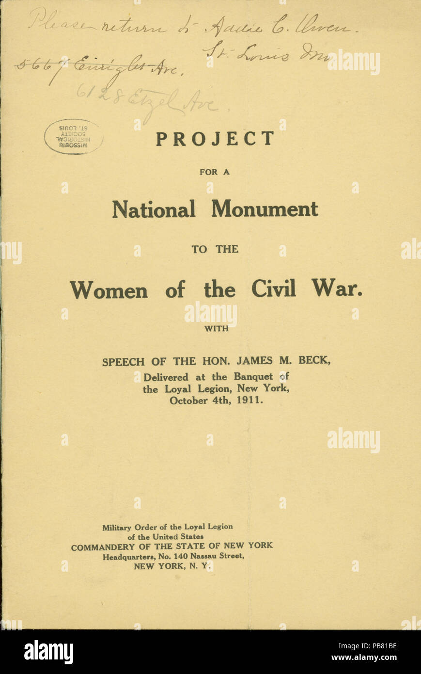 Opuscolo intitolato "Progetto per un Monumento per le donne della guerra civile", pubblicato dalla Commanderie dello Stato di New York, Ordine Militare della legione leale degli Stati Uniti, 4 ottobre 1911. Famiglia Couzins Papers, Missouri History Museum archivi, St. Louis. 1160 Opuscolo- "Progetto per un Monumento per le donne della guerra civile", pubblicato dalla Commanderie dello Stato di New York, Ordine Militare della legione leale degli Stati Uniti, 4 ottobre 1911 Foto Stock