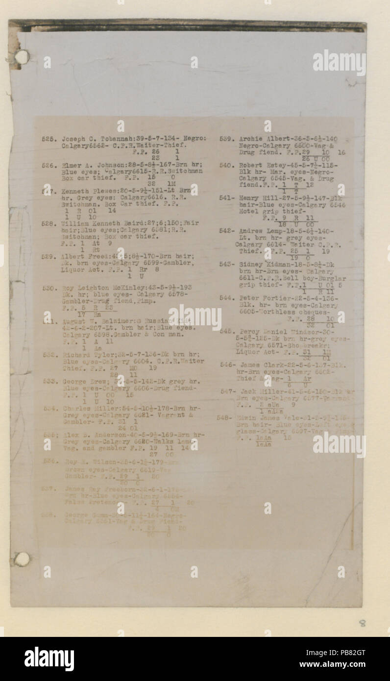 786 Dipartimento di identificazione, Calgary - Identificazione penale Libro - 8 (HS85-10-38280-8) originale Foto Stock