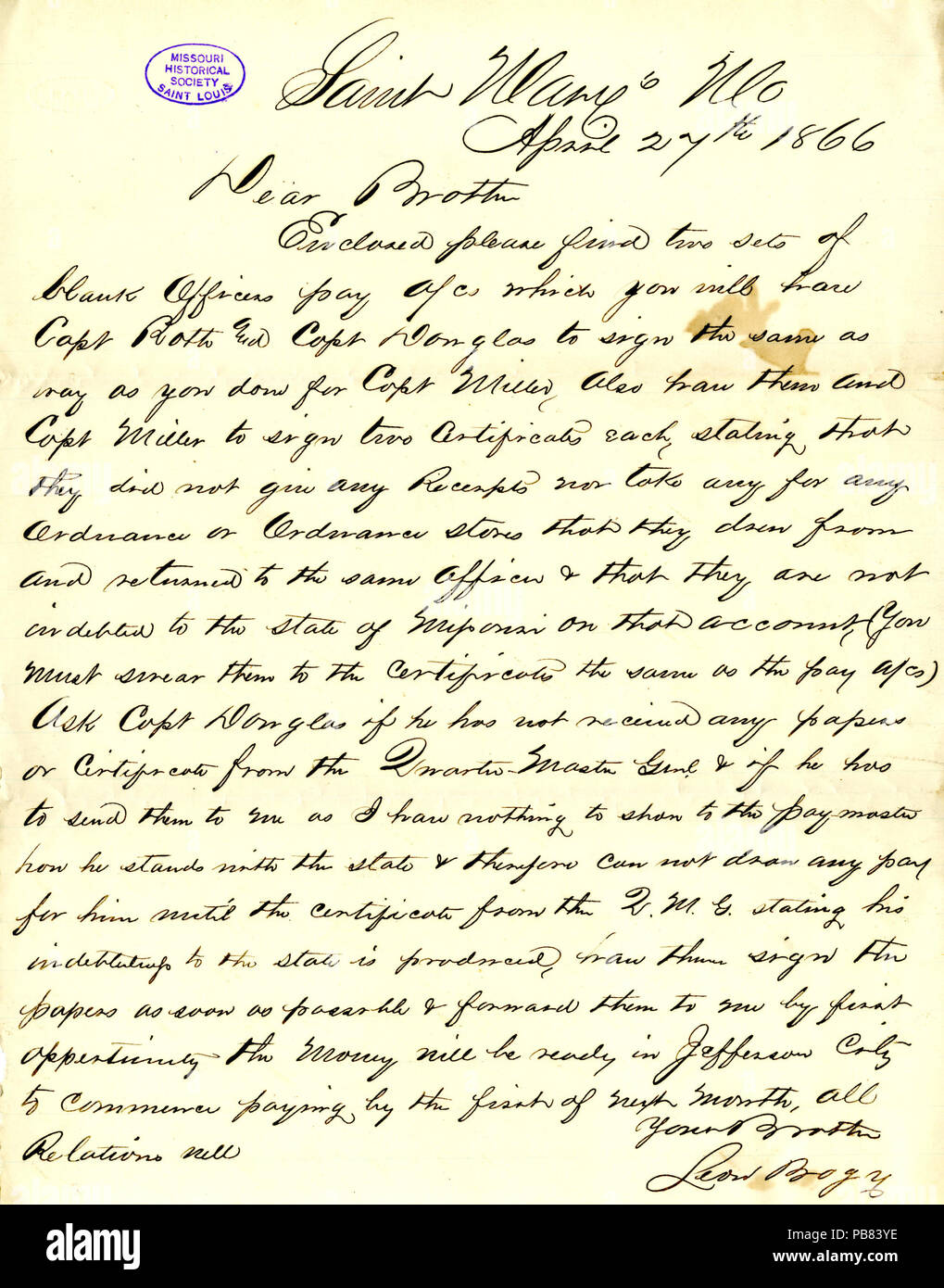 910 lettera firmata Leon Bogy, Saint Mary's, Mo., al fratello, 27 aprile 1866 Foto Stock