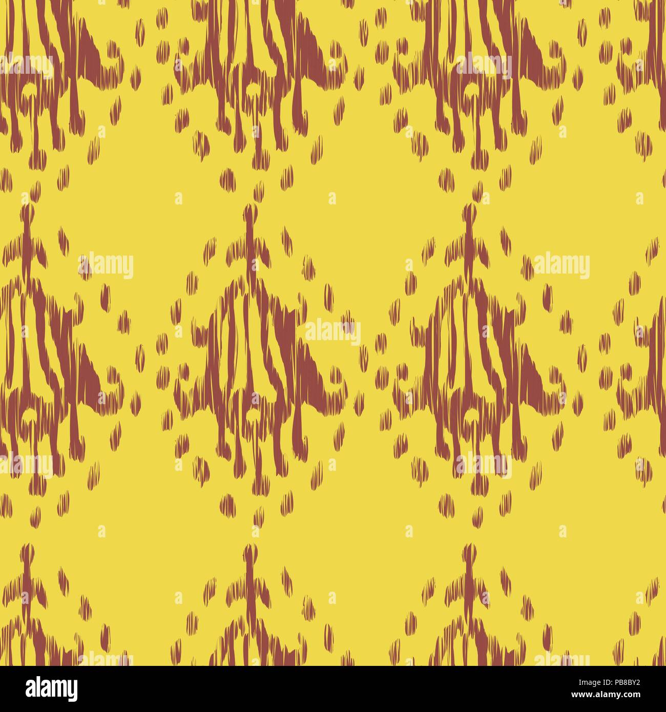 Ikat mostrando seamless etnica boemo rosa e giallo vector pattern in stile acquarello. Acquerello ikat mostrando ornamenti orientali. Illustrazione Vettoriale