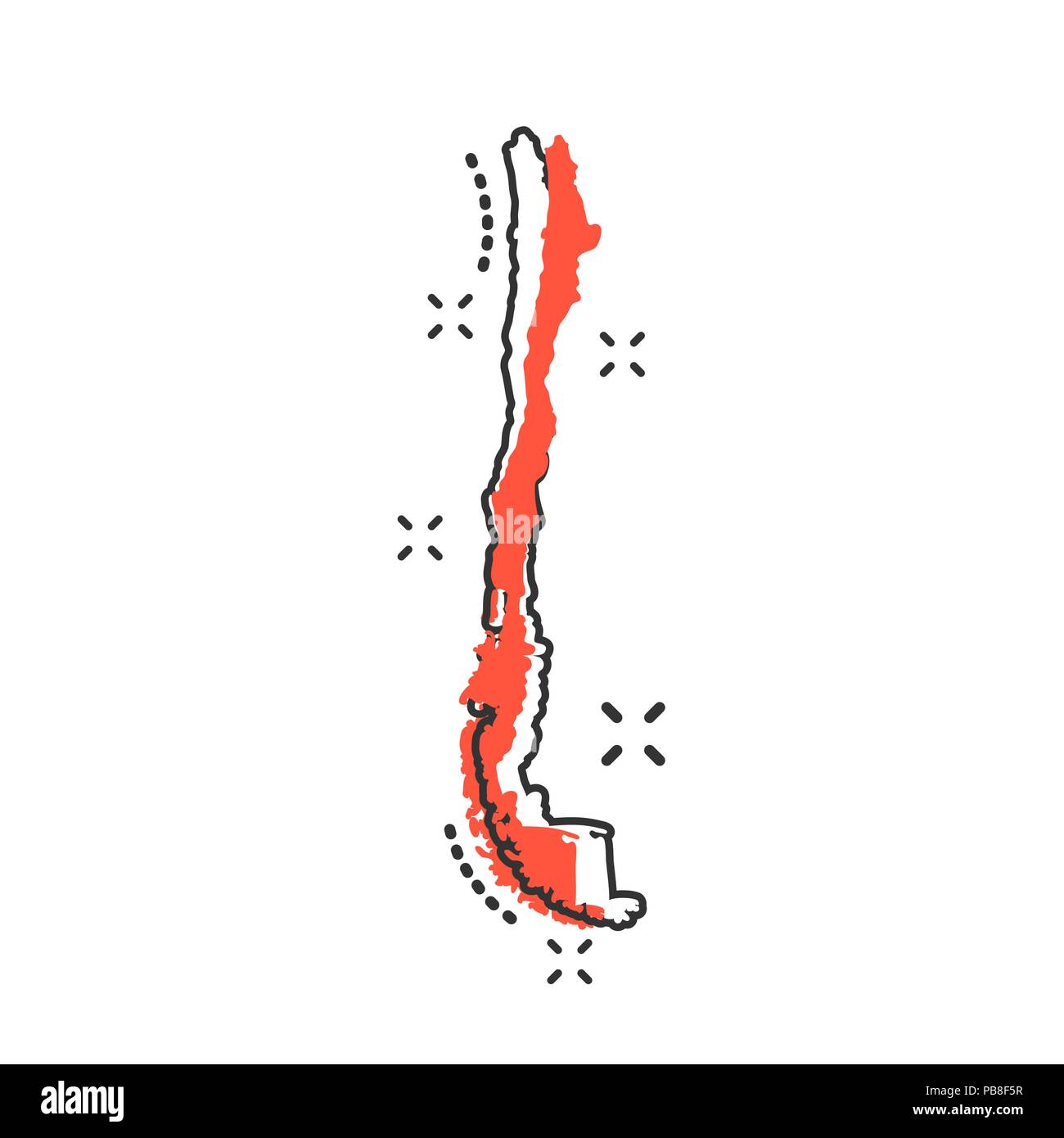 Vector cartoon Cile icona Mappa in stile fumetto. Il Cile segno illustrazione pittogramma. Cartografia mappa business effetto splash concept. Illustrazione Vettoriale