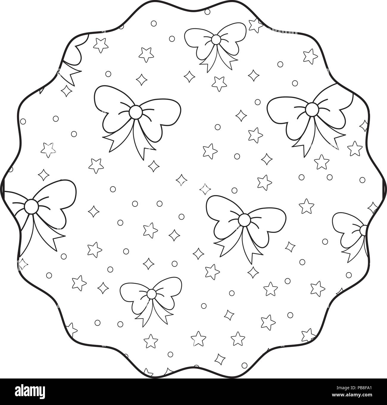 Cornice circolare con fiocchi decorativi e stelle pattern su sfondo bianco, illustrazione vettoriale Illustrazione Vettoriale