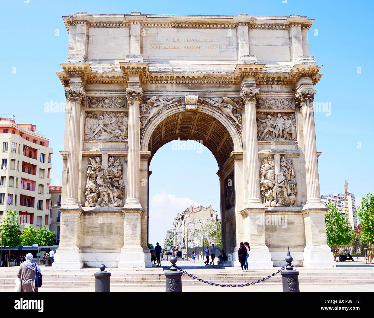 Marseille, Francia, arco trionfale, noto come Porte Royale & Porte d'Aix, commemorando il francese vittorie militari Foto Stock