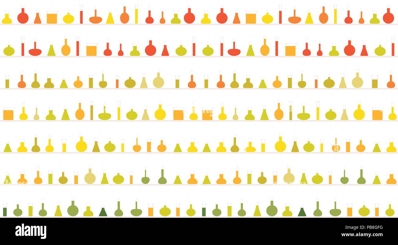 La scienza senza giunture pattern, provette da laboratorio con liquido colorato, chimica esperimenti o prove, piatto bianco sullo sfondo del vettore. Illustrazione Vettoriale