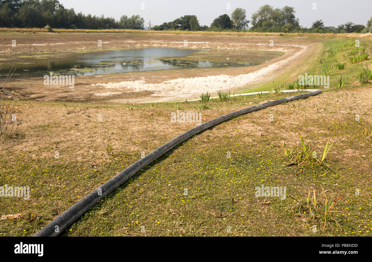 Sutton, Suffolk, Regno Unito. 27 luglio 2018 Basso livello dell'acqua di irrigazione agricola Lago dopo un lungo periodo di siccità estiva, Sutton, Suffolk Inghilterra,UK Credit: geogphotos/Alamy Live News Foto Stock