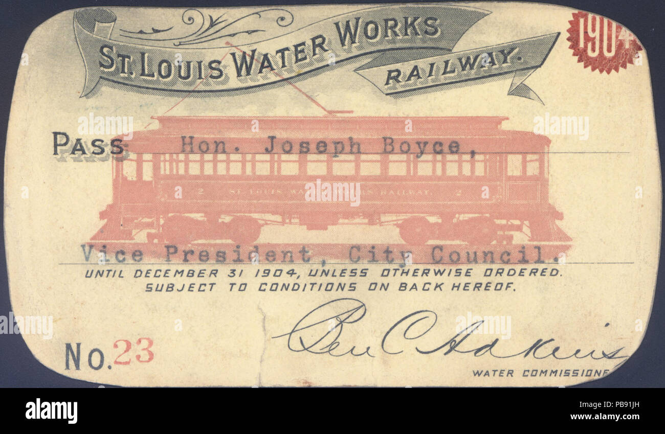 1171 Pass per San Louis acqua opere ferroviarie, rilasciato a Giuseppe Boyce, Vice Presidente del Consiglio Comunale, 1904 Foto Stock