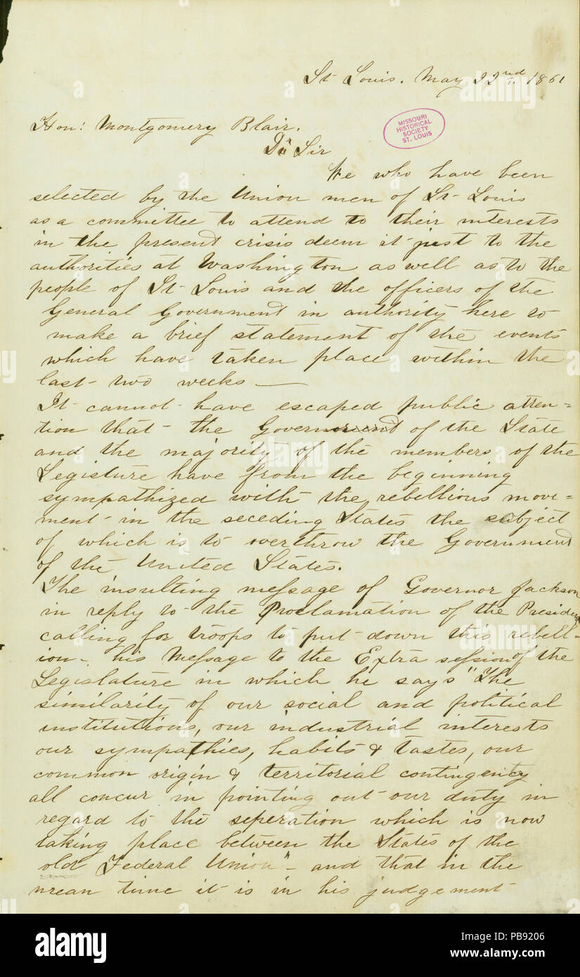 899 La Lettera di Giacomo O. Broadhead), St. Louis, a Montgomery Blair, 22 maggio 1861 Foto Stock