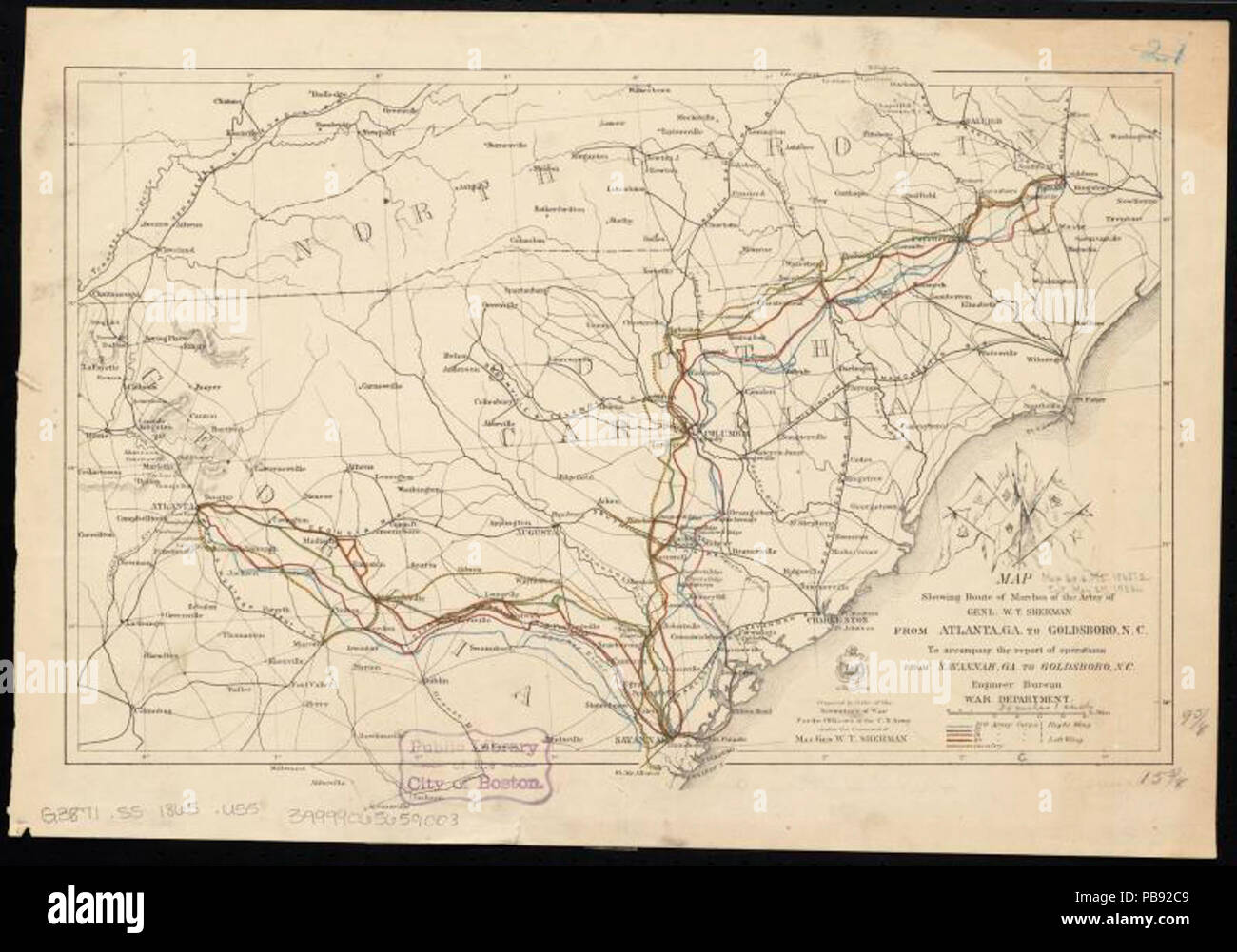 994 Mappa che mostra il percorso delle marche dell'esercito di Genl. W.T. Sherman, da Atlanta, Ga. a Goldsboro, N.C. - Per accompagnare la relazione di operazioni da Savannah, Ga. a Goldsboro, N.C. (10138021284) Foto Stock