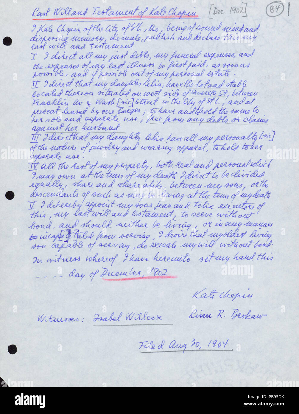 887 Ultima volontà e il testamento di Kate Chopin (copia manoscritta da Per Seyersted), Dicembre 1902 Foto Stock