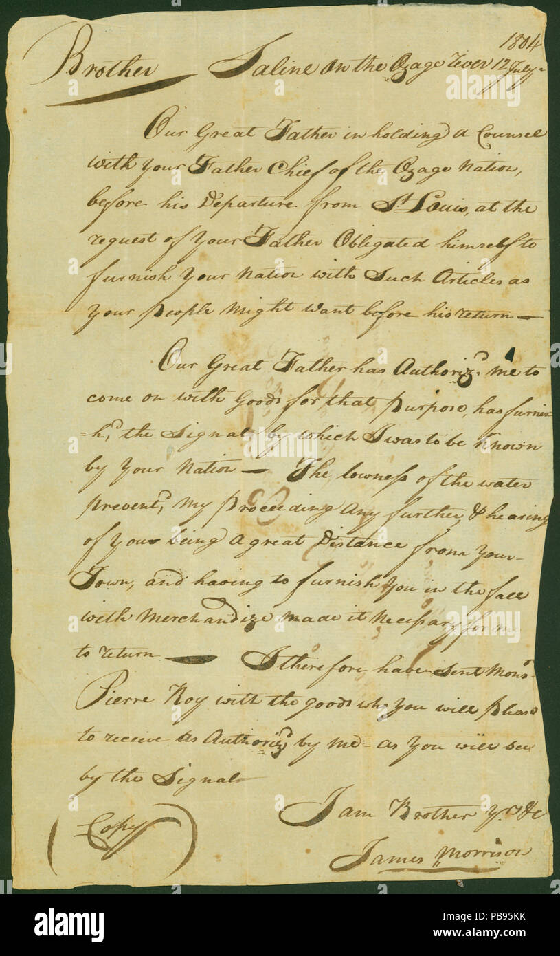 909 lettera firmata James Morrison, soluzione salina sul fiume Osage, per i capelli bianchi, figlio del capo della nazione Osage degli Indiani, Osage Village, luglio 12, 1804 Foto Stock