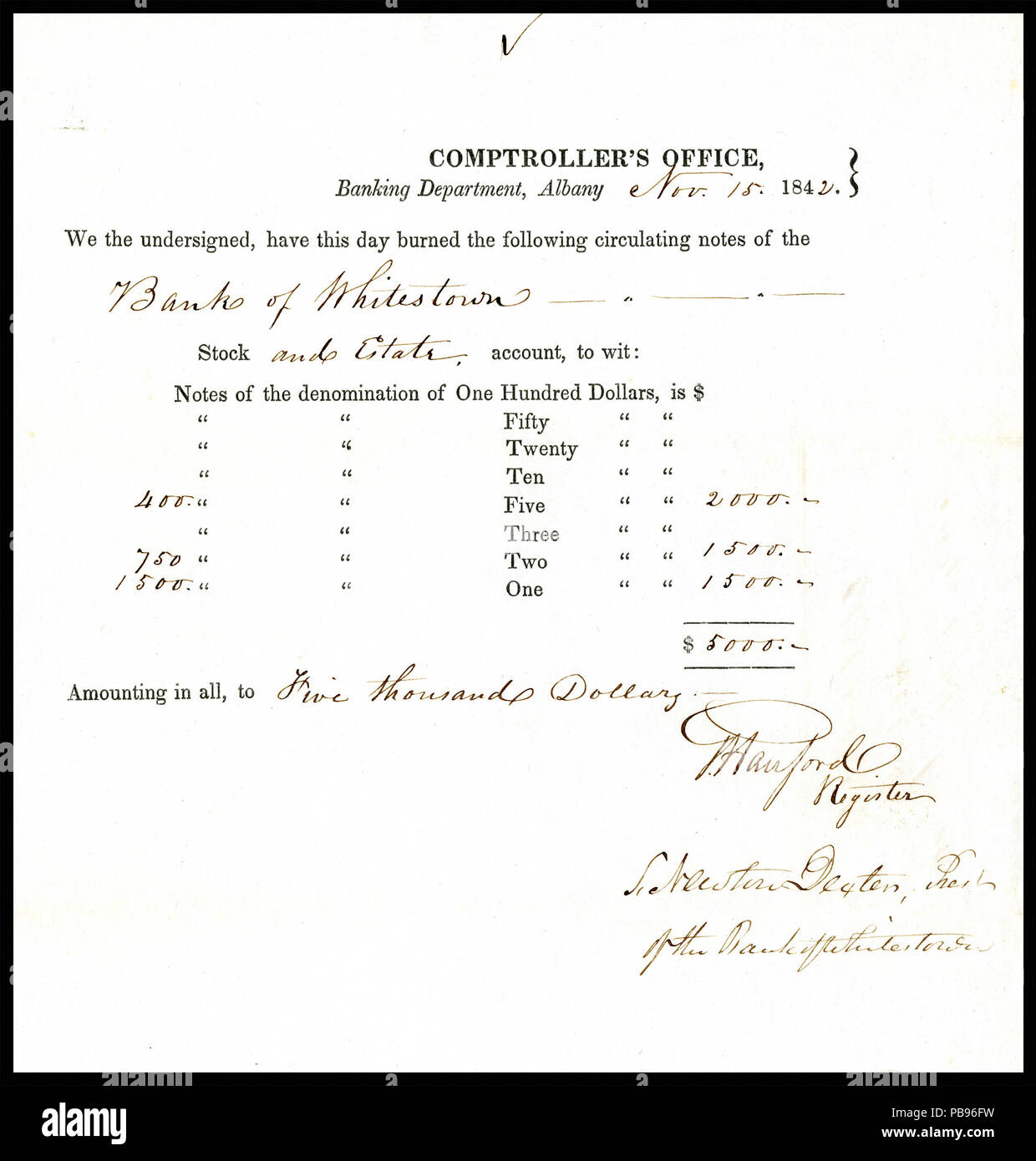 1795 US-Albany Comptroller valuta masterizzare ricevuta (1842) Foto Stock