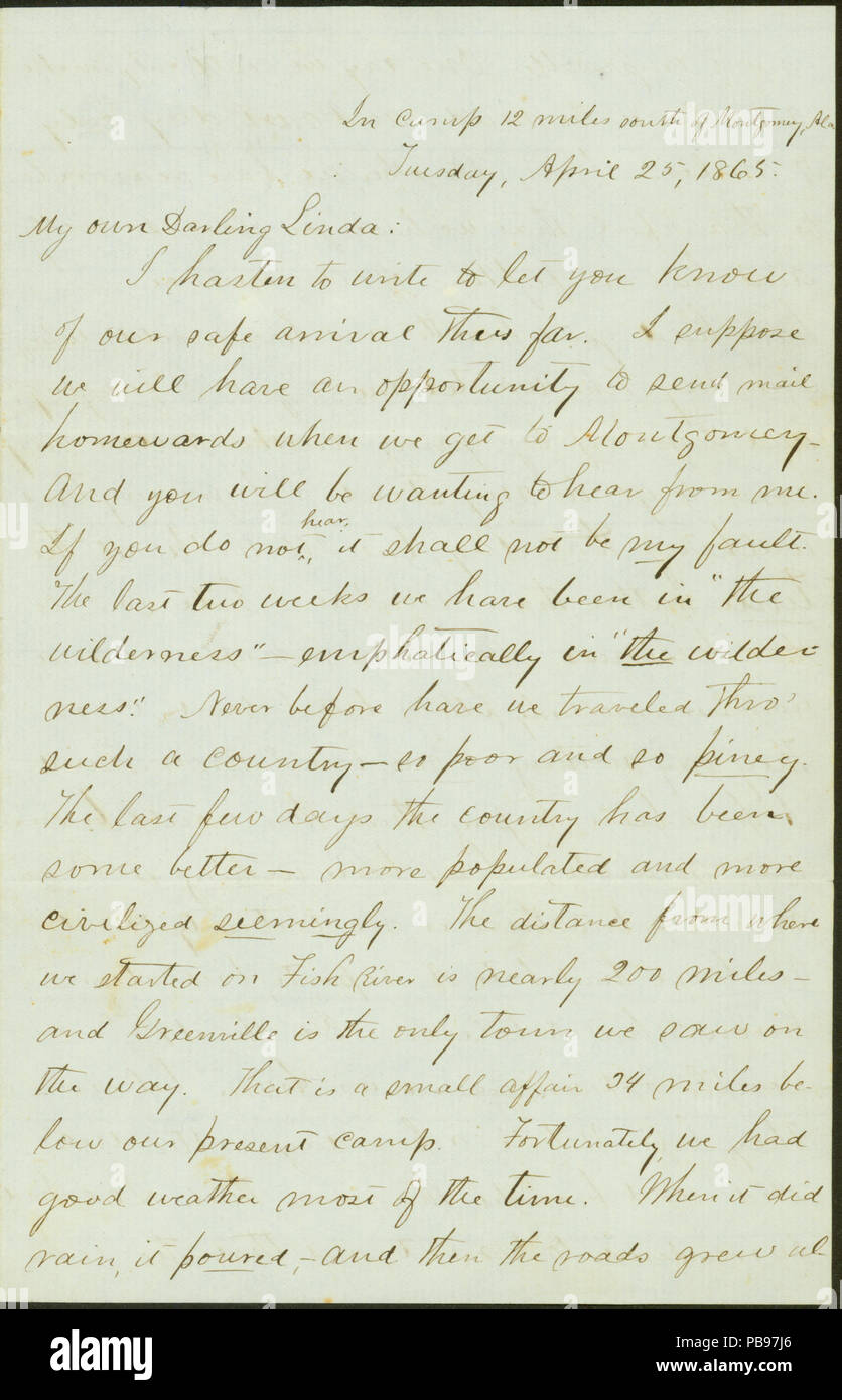 910 lettera firmata M. J. Miller, nel campo 12 miglia a sud di Montgomery, Ala, a Linda, 25 aprile e 29, 1865 Foto Stock