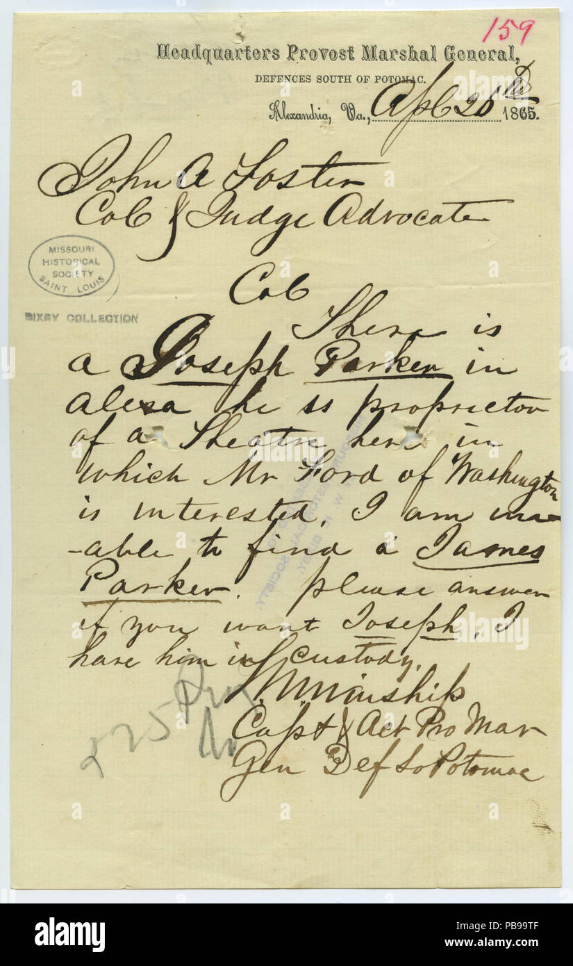 1119 Nota firmata M. Winship, sede Provost Marshal General, difese a sud del Potomac Alexandria, Virginia, a Giovanni A. Foster, 26 aprile 1865 Foto Stock