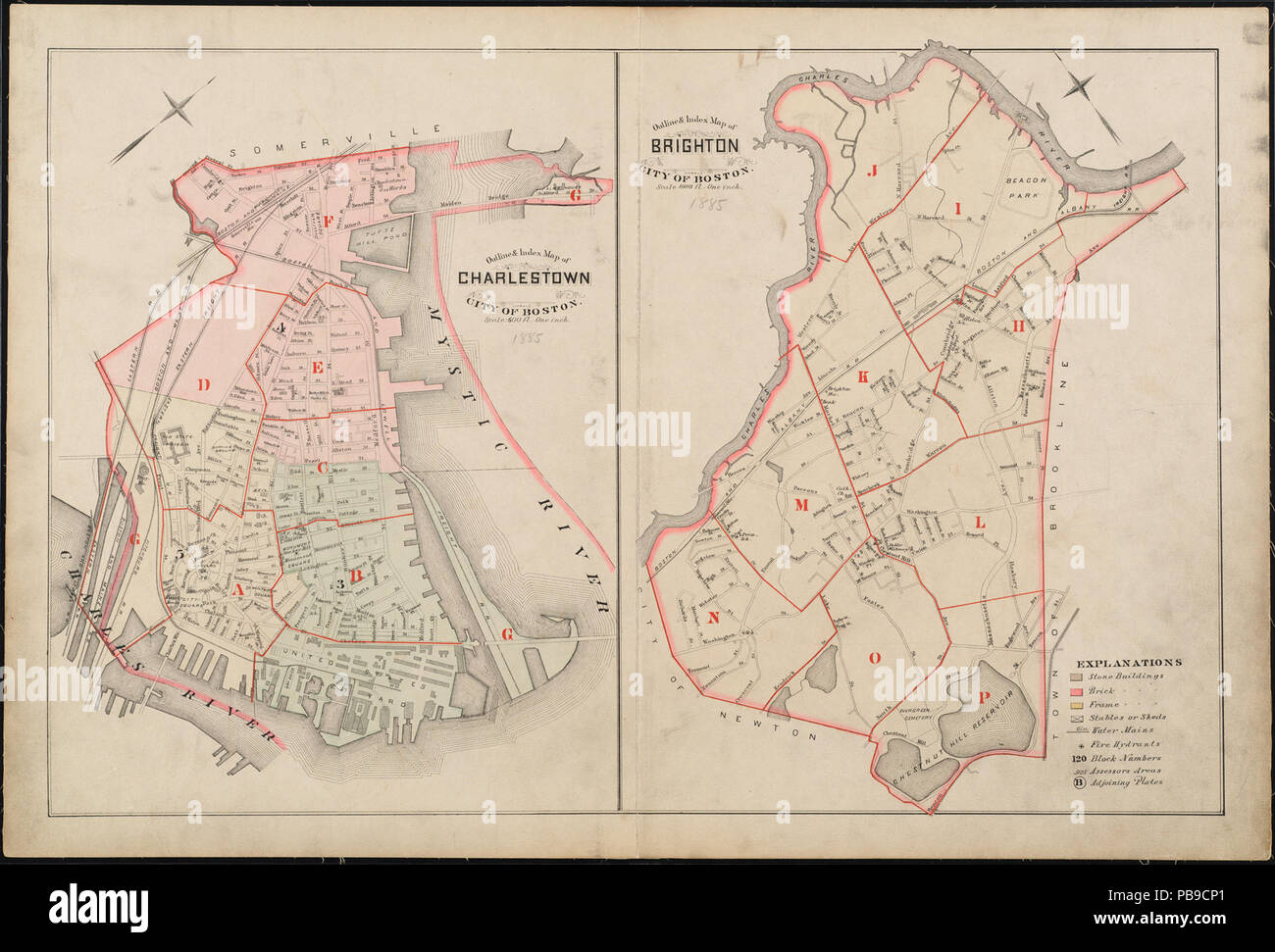 1145 Outline e mappa indice di Charlestown, città di Boston; Outline e mappa indice di Brighton, città di Boston (19860585935) Foto Stock