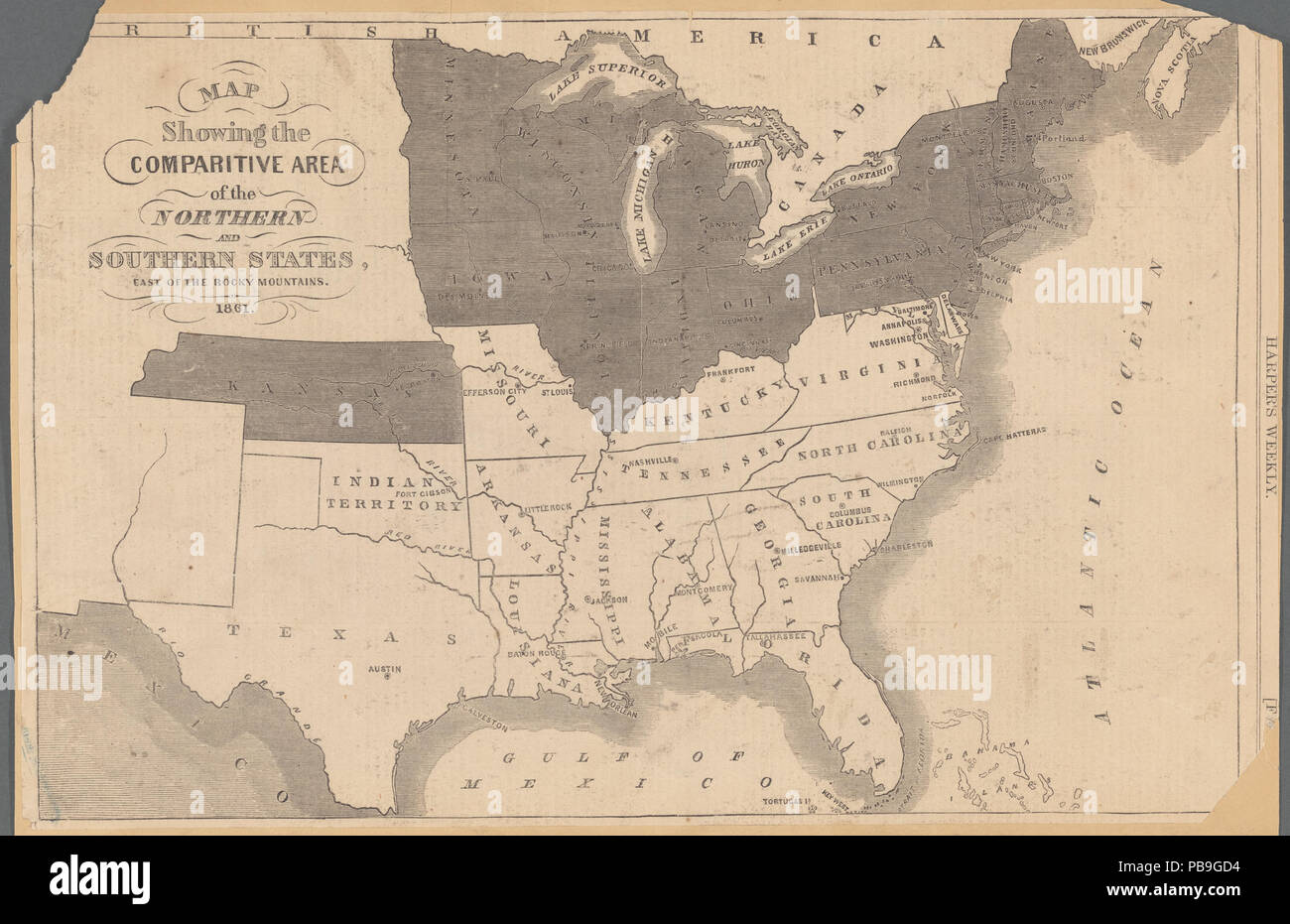 995 Mappa che mostra l'area comparitive del Nord e Stati del sud, ad est delle Montagne Rocciose, 1861 (NYPL b20643937-5686998) Foto Stock
