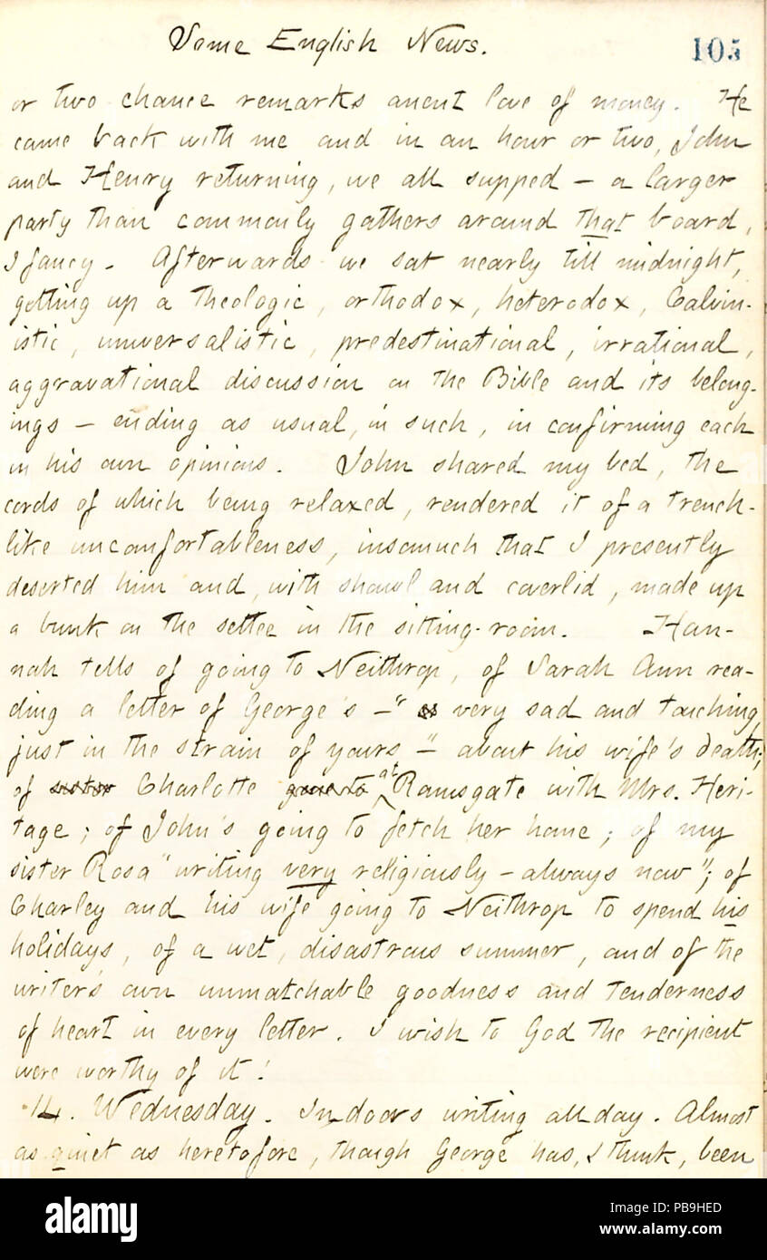 1726 Thomas Butler diari Gunn- Volume 17, pagina 115, 13 agosto 1861 Foto Stock