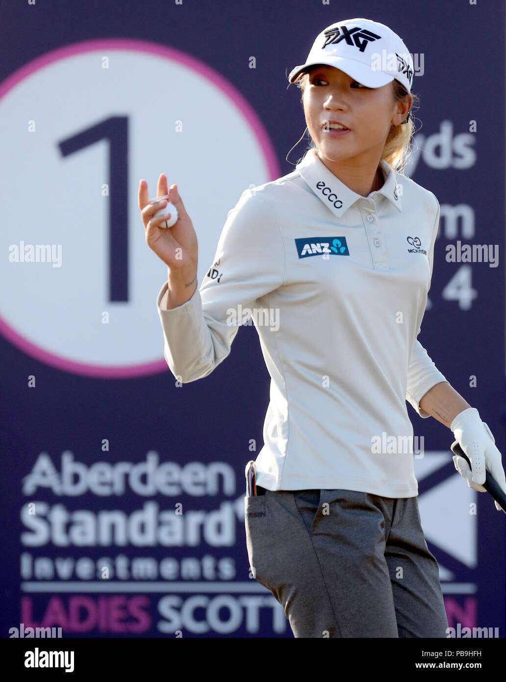 Lydia Ko della Nuova Zelanda sul 1° tee durante il secondo giorno dell'Aberdeen Standard Investments Ladies Scottish Open 2018 al Gullane Golf Club. STAMPA ASSOCIAZIONE Foto, Foto data: Venerdì 27 luglio 2018. Il credito fotografico dovrebbe essere: Jane Barlow/PA Wire. Foto Stock