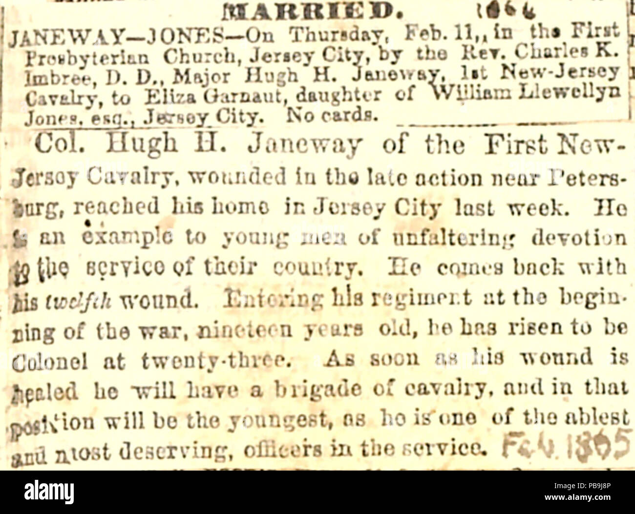 1729 Thomas Butler diari Gunn- Volume 19, pagina 51, febbraio 1865 (ritaglio di giornale) Foto Stock