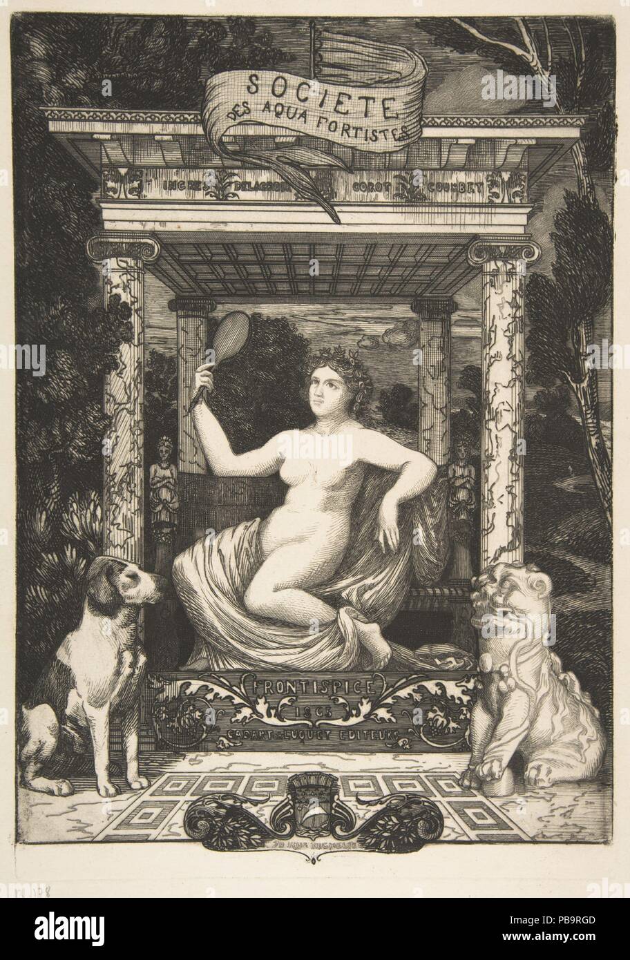 La Société des Aquafortistes (Frontispice). Artista: Félix Bracquemond (francese, Parigi 1833-1914 Sèvres). Dimensioni: foglio: 19 1/4 × 12 3/8 in. (48,9 × 31,4 cm) Piastra: 14 1/16 × 9 13/16 in. (35,7 × 24,9 cm). Pubblicato in: Parigi. Editore: Cadart Luquet e. Data: 1865. Bracquemond del design per la pagina del titolo della Société des Aquafortistes' 1865 album invocata complessa simbologia di suggerire la prominente nuovo ruolo di attacco. Sintetizzando le allusioni al passato e presente con una vasta gamma di stili visivi, l'immagine indica l'universalità e la modernità delle stampe incluse entro il Foto Stock