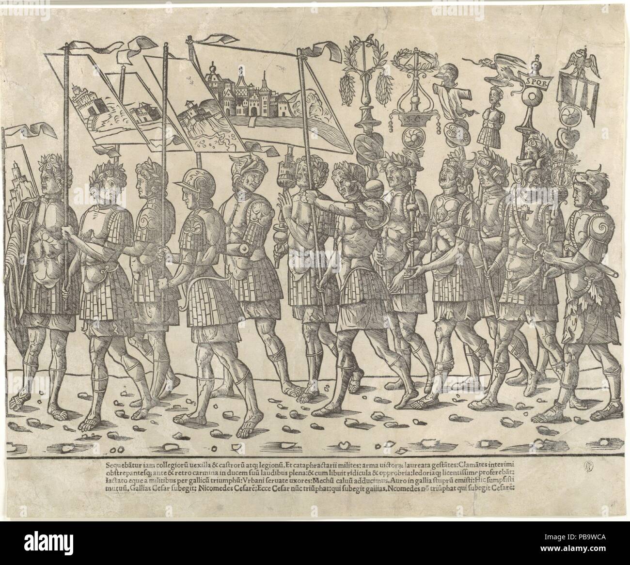 Le figure recanti norme e trofei: da "Il Trionfo di Cesare". Artista: Giacobbe di Strasburgo (scuola italiana, nato l'Alsazia, attivo a Venezia, 1494-1530); dopo Benedetto Bordone (italiano, Padova ca. 1455/60-1530 Padova, attiva principalmente Venezia dal 1488). Dimensioni: Altezza: 13 a. (33 cm) di larghezza: 15 3/4 in. (40 cm). Data: 1504. Vedere il commento per 27.54.127. Museo: Metropolitan Museum of Art di New York, Stati Uniti d'America. Foto Stock