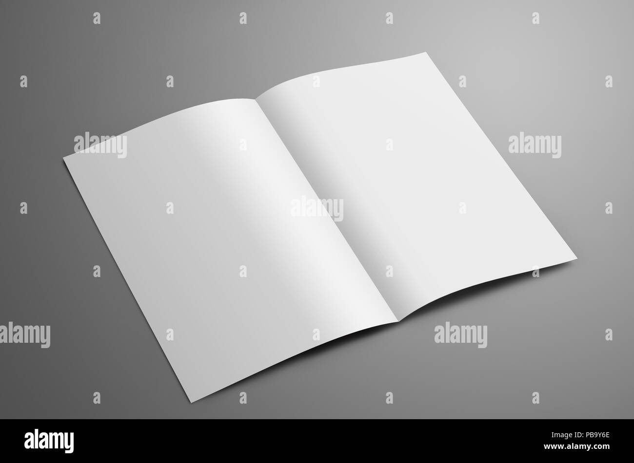 Universal uno sbozzato A4, (A5) bi-fold brochure con le ombre morbide isolato su sfondo grigio. Il libretto è aperto e mostra il giro. Modello può Foto Stock