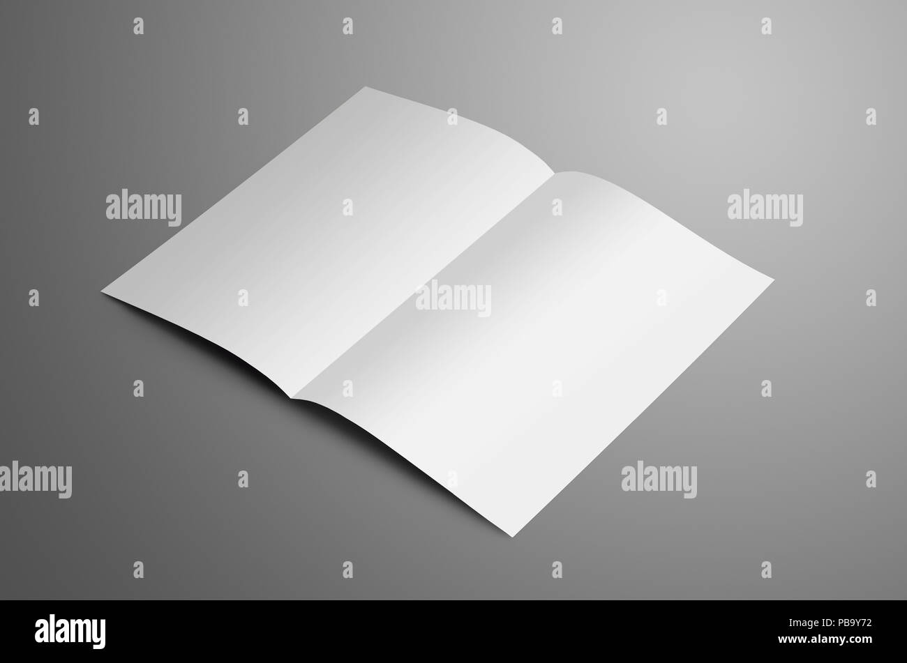 Universal uno bianco A4, (A5) bi-fold brochure con le ombre morbide isolato su sfondo grigio. Il libretto è aperto e mostra il giro. Modello può Foto Stock