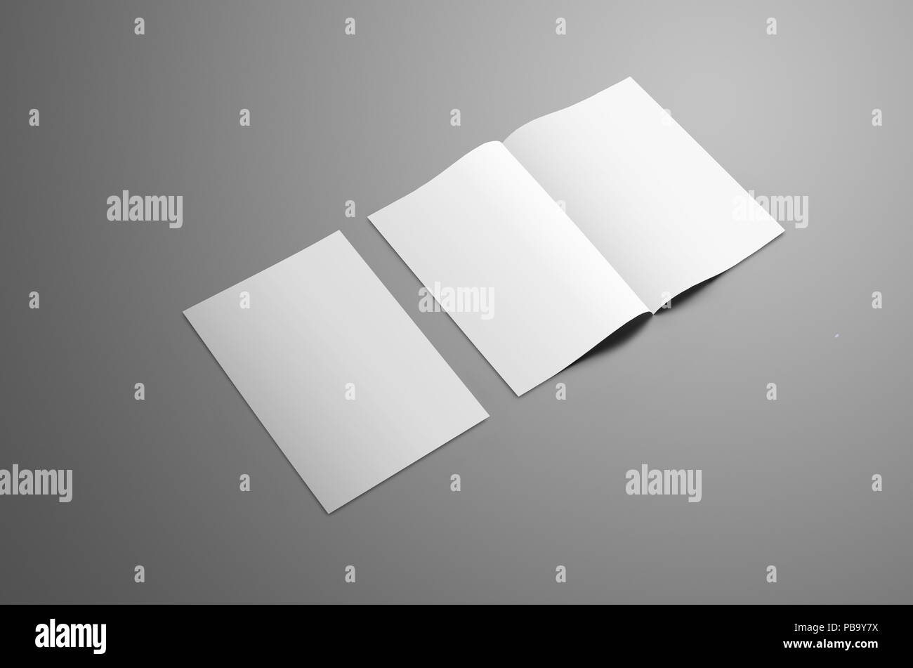 Business mockup con due A4, (A5) bi-fold brochure con le ombre realistiche isolato su sfondo grigio. Un opuscolo è chiuso il secondo è aperto su Foto Stock